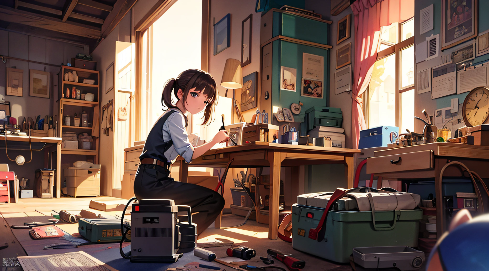 Masterpiece, top quality, highest quality, official art, beautiful and aesthetic, animation, busy scene of small machine town surrounded by small machines and tools, girl sitting in her room, repairing something, curiosity and love of invention. Delicate face, fine, thin lines, delicate touch, best image quality, 4K.