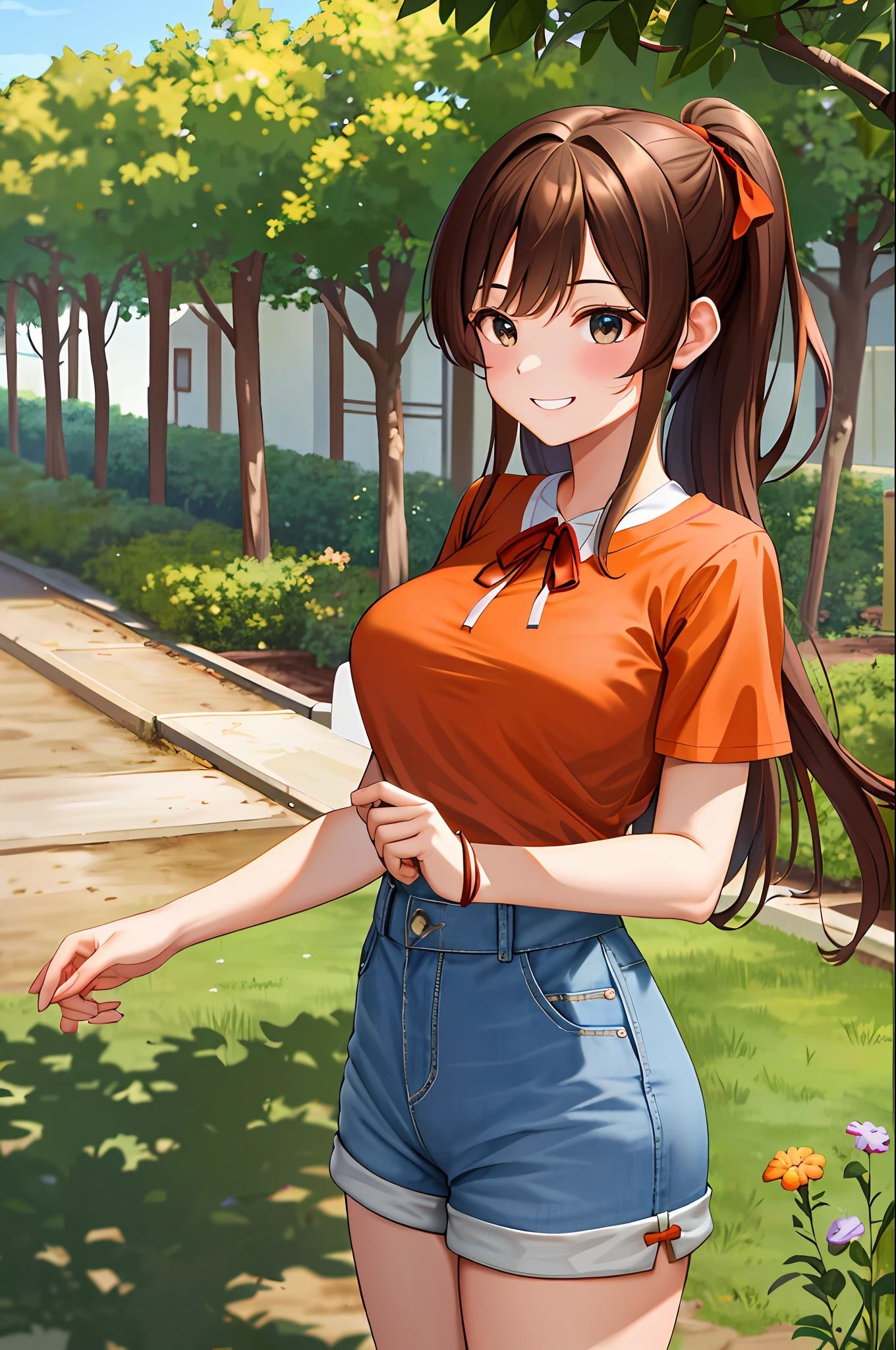 masterpiece, best quality, highres, chi1, 1girl, long hair, ponytail, one side up, solo, brown jean shorts, red ribbon, orange shirt, bangs, neck ribbon, swollen short sleeves, cowboy shot, outdoor, smile, ladder, tree, construction, brown hair, blue eye,gigantic breasts