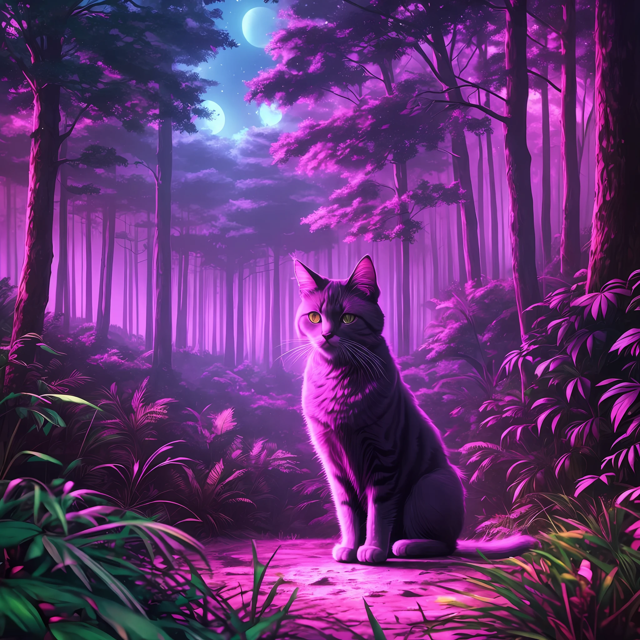 a cat in the forest, synthwave --auto --s2