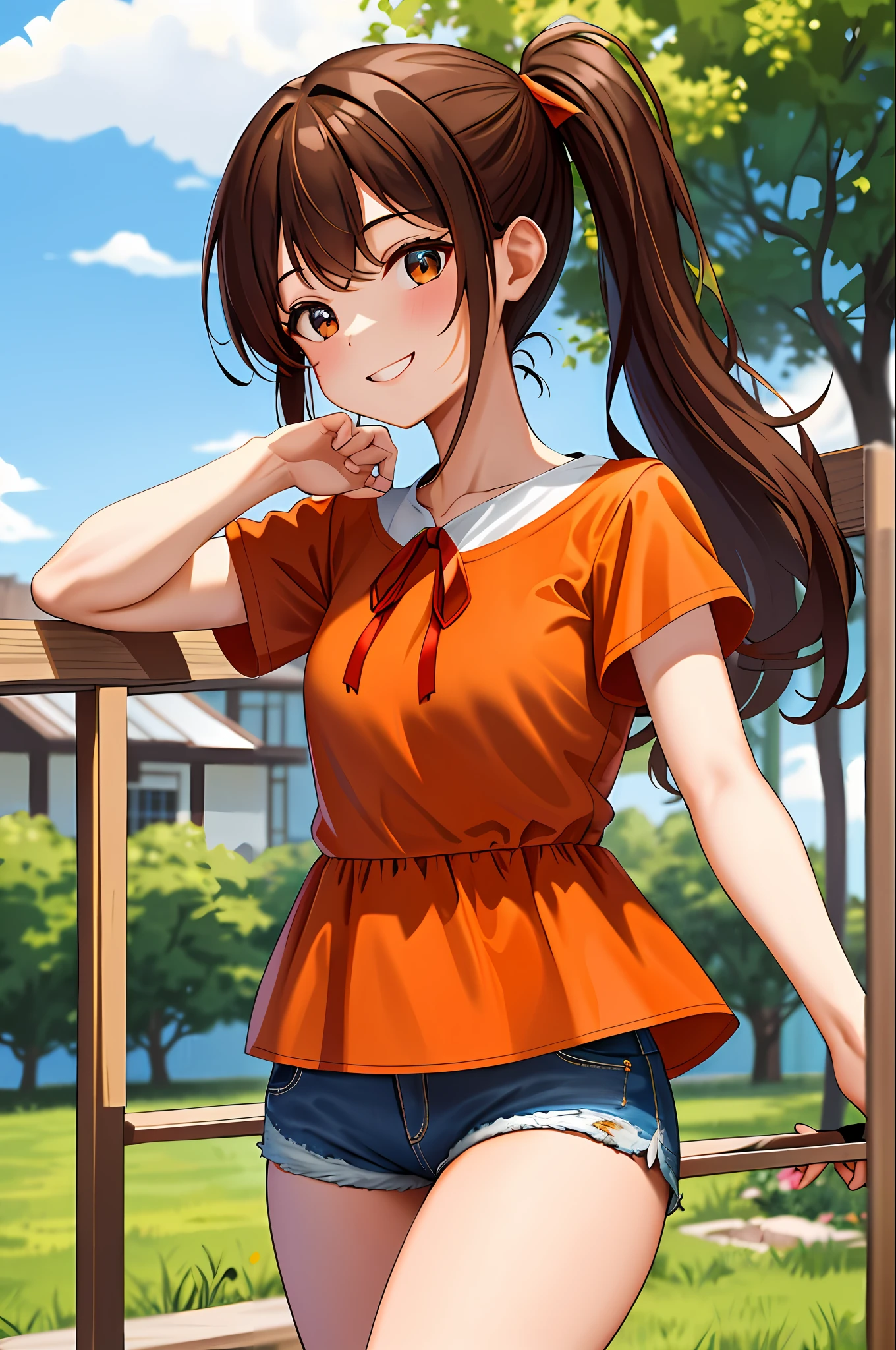 masterpiece, best quality, highres, chi1, 1girl, long hair, ponytail, one side up, solo, brown jean shorts, red ribbon, orange shirt, bangs, neck ribbon, swollen short sleeves, cowboy shot, outdoor, smile, ladder, tree, construction, brown hair, blue eye