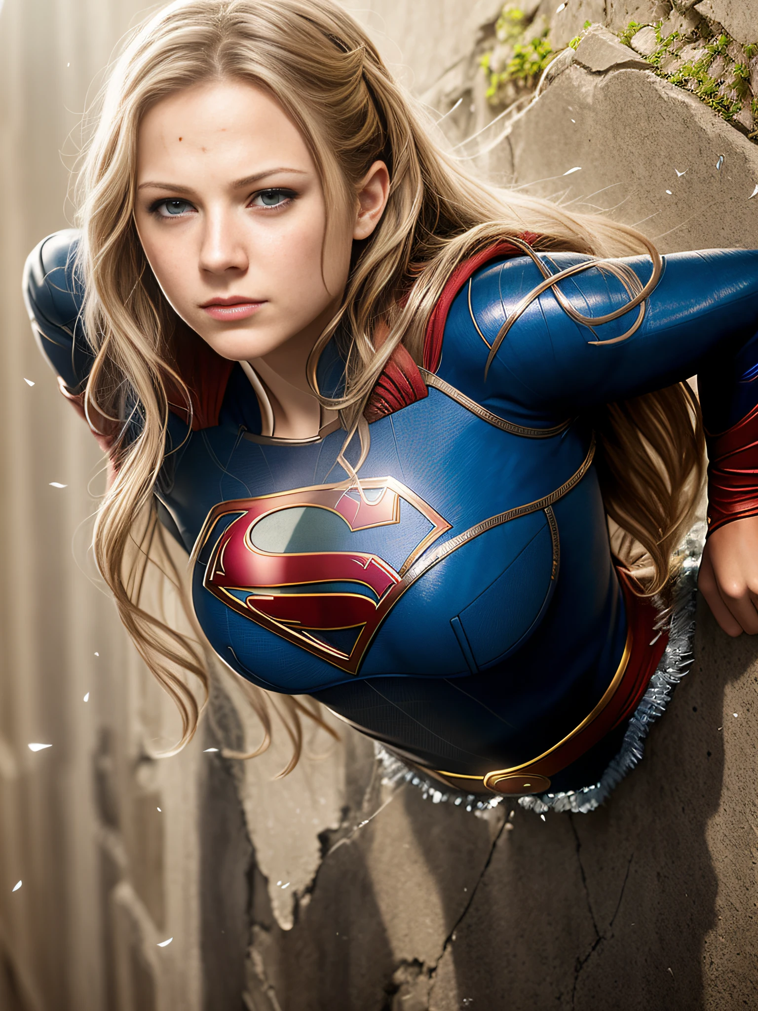 8k, award winning portrait color photo of a beautiful (Supergirl:1.0), trapped in a wall stuck in wall, wall is cracked, stone splitting, (melissa benoist:1.0), Kryptonite, epic, realistic, worried, concerned, sweating, (hdr:1.2), (lens_flare:0.7), by luis royo