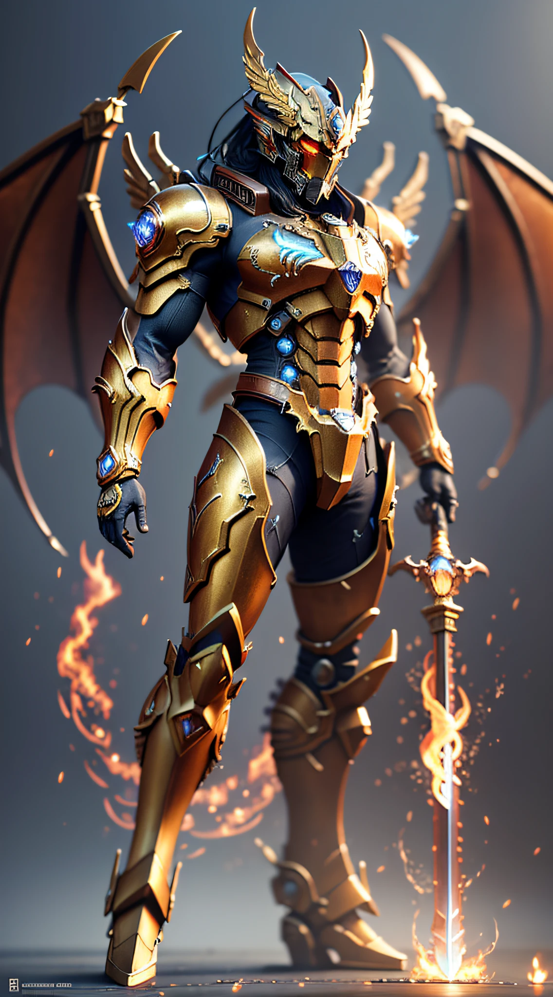 Steampunk style, cold color, cinematic effect, futuristic sci-fi mecha God of War, mecha has a dragon pattern, metal textured wings on the back, the wings are feather-like, gorgeous golden wings, the wings are clearly layered, holding a red flame sword, three-dimensional, battle posture, battle posture display, flame sword red particle light, flame sword particle special effects, flame sword 3D, exquisite, aesthetic, scattered, super details, delicate details of the face, clear outline, facial close-up, perfect details, 8K, top painting, feature article, Studio environment, concept art, epic composition, full body shot, with HD detail, metallic texture and tension composition, hyper-realistic, ultra-realistic, rich in detail, 3D. C4D,