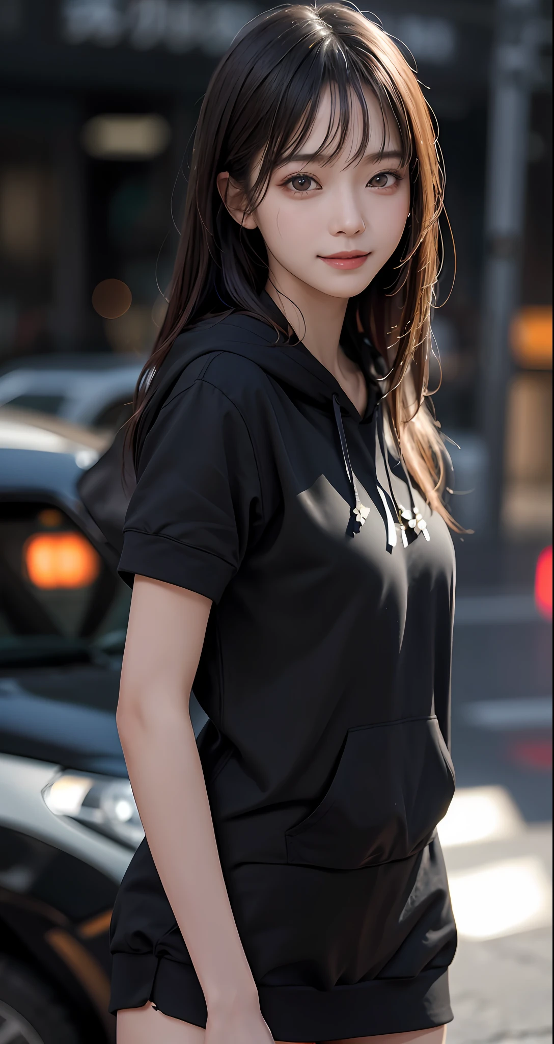 Masterpiece, 1 Beautiful Girl, Detailed, Swollen Eyes, Top Quality, Ultra High Resolution, (Reality: 1.4), Original Photo, 1Girl, Cinematic Lighting, Smiling, Japanese, Asian Beauty, Korean, Clean, Super Beautiful, Little Young Face, Beautiful Skin, Slender, Cyberpunk Background, (ultra realistic), (high resolution), (8K), (very detailed), (best illustration), (beautifully detailed eyes), (super detailed), (wallpaper), (detailed face), viewer looking, fine detail, detailed face, pureerosfaceace_v1, smiling, 46 point slanted bangs, looking straight ahead, neat realistic photo, black clothes, dark colored eyes, hair wet from rain, black hoodie with red lightning pattern, body facing front, realistic photo,齊藤京子、日向坂46、