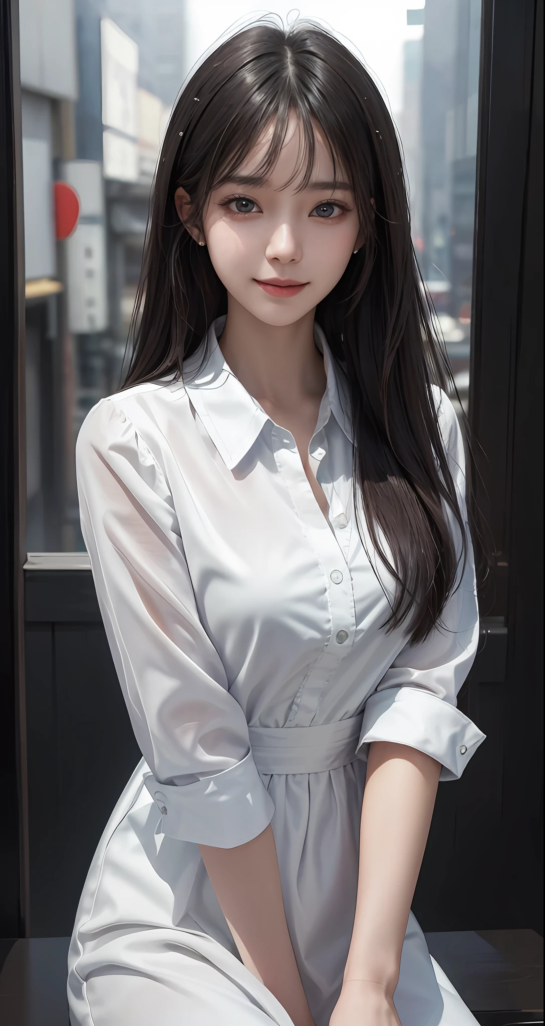 Masterpiece, 1 Beautiful Girl, Detailed, Swollen Eyes, Top Quality, Ultra High Resolution, (Reality: 1.4), Original Photo, 1Girl, Cinematic Lighting, Smiling, Japanese, Asian Beauty, Korean, Clean, Super Beautiful, Little Young Face, Beautiful Skin, Slender, Cyberpunk Background, (ultra realistic), (high resolution), (8K), (very detailed), (best illustration), (beautifully detailed eyes), (super detailed), (wallpaper), (detailed face), viewer looking, fine detail, detailed face, pureerosfaceace_v1, smiling, 46 point slanted bangs, looking straight ahead, neat (fashionable, plain, folded collar, irregular, shirt feeling, date dress), body facing front, realistic photo,