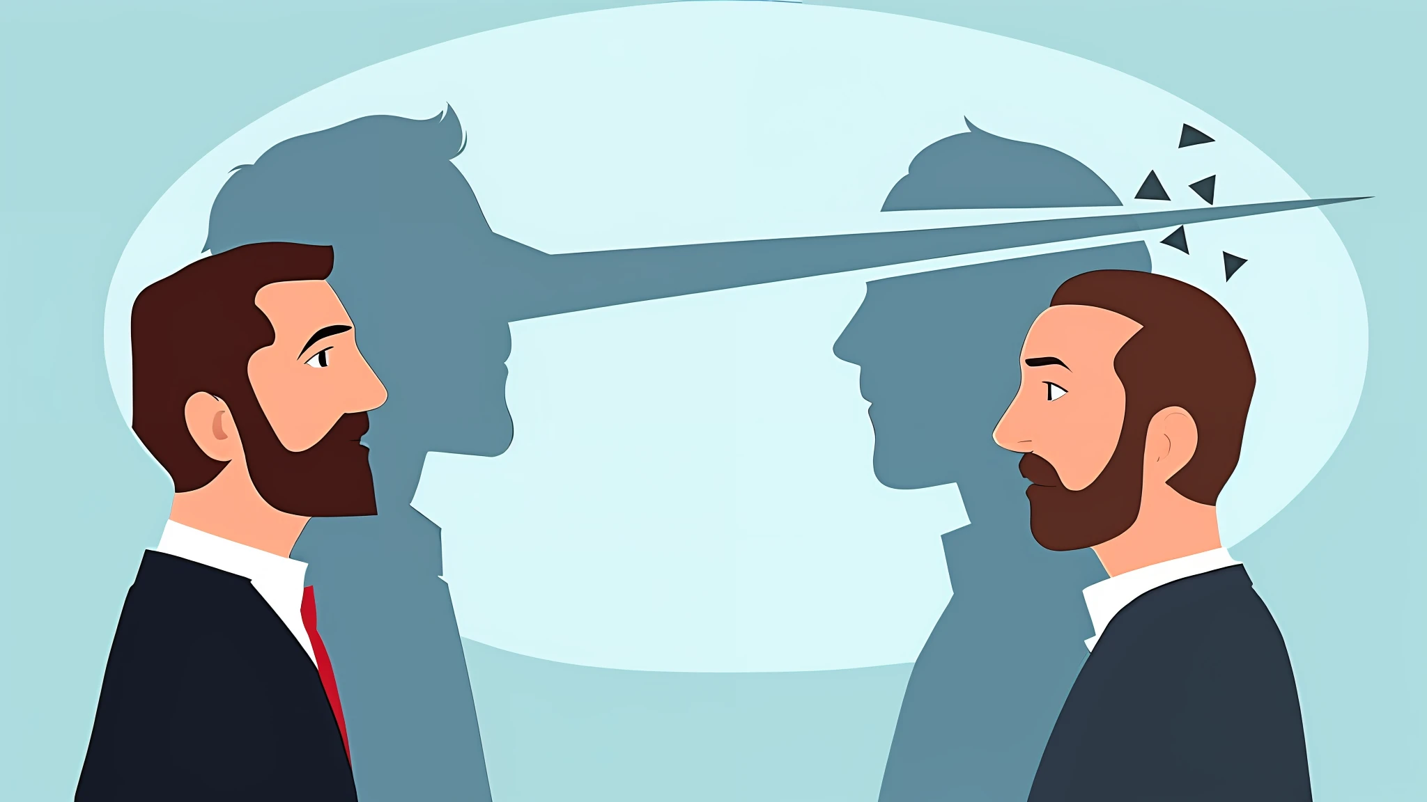 two men in suits are facing each other with a shadow of a man's head, by Niko Henrichon, emotional conflict, simple illustration, facing off in a duel, cartoon illustration, politics, facing each other, photo illustration, conflict, an illustration, face to face, by Emma Andijewska, flat illustration, drawn, by Milton Menasco, illustration”