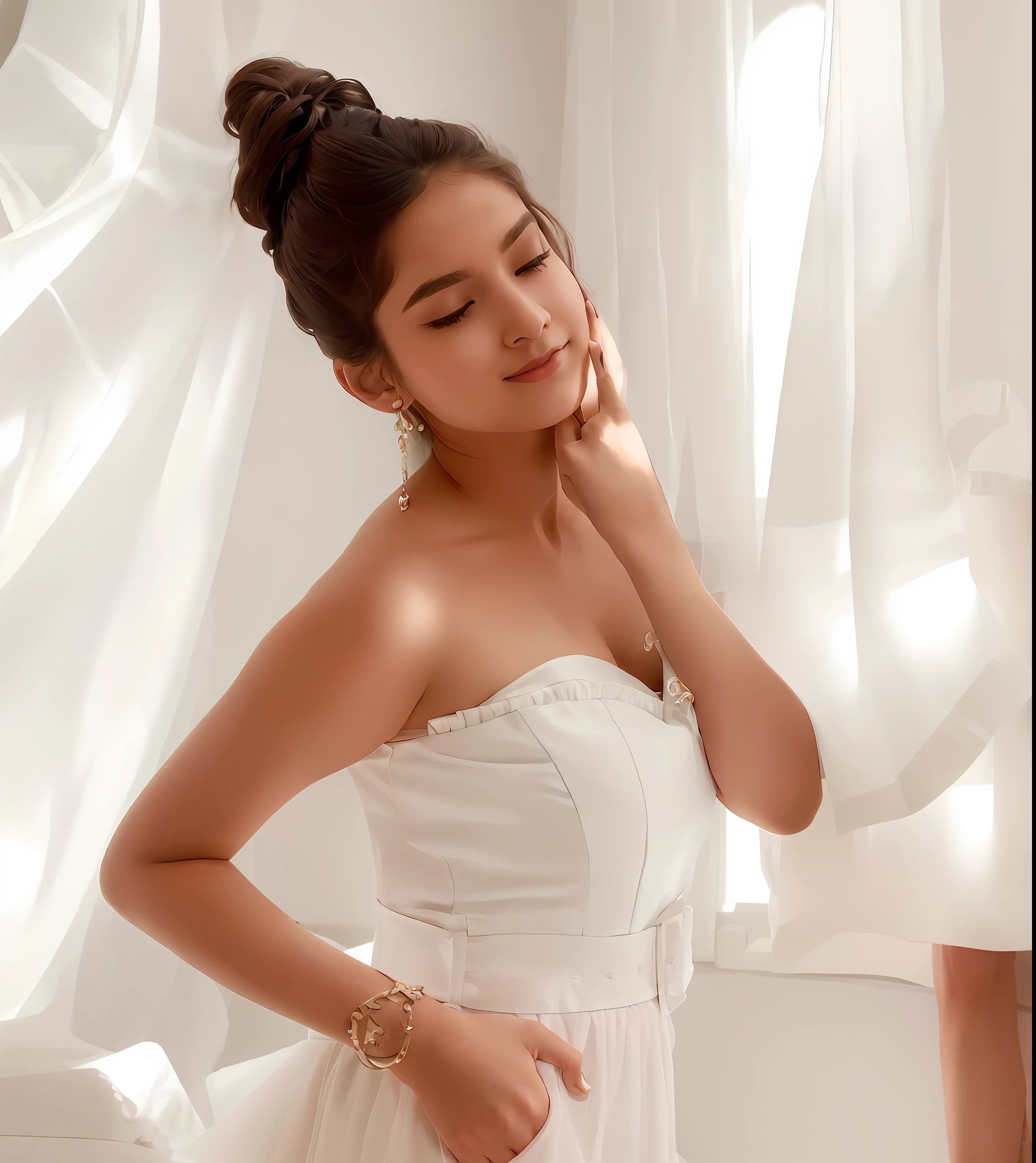 a close up of a woman in a dress standing in a living room, profile pic, exclusive, profile image, leaked, profile picture, photoshoot, actress, 18 years old, 21 years old, nivanh chanthara, fanart, by Emma Andijewska, leaked image, 2 3 years old, serena malyon, cool looking, maya ali