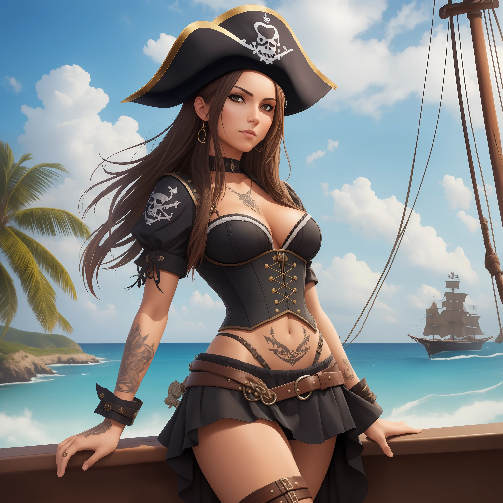 Close image, crotch, high quality, A girl, pirate, wearing corset, black pirate hats, sheathed sword, tattoos of maritime beings, on the boat, with her legs open, wearing a small skirt and no panties, tanned skin, neckline appearing breasts, eye patch and brave face,