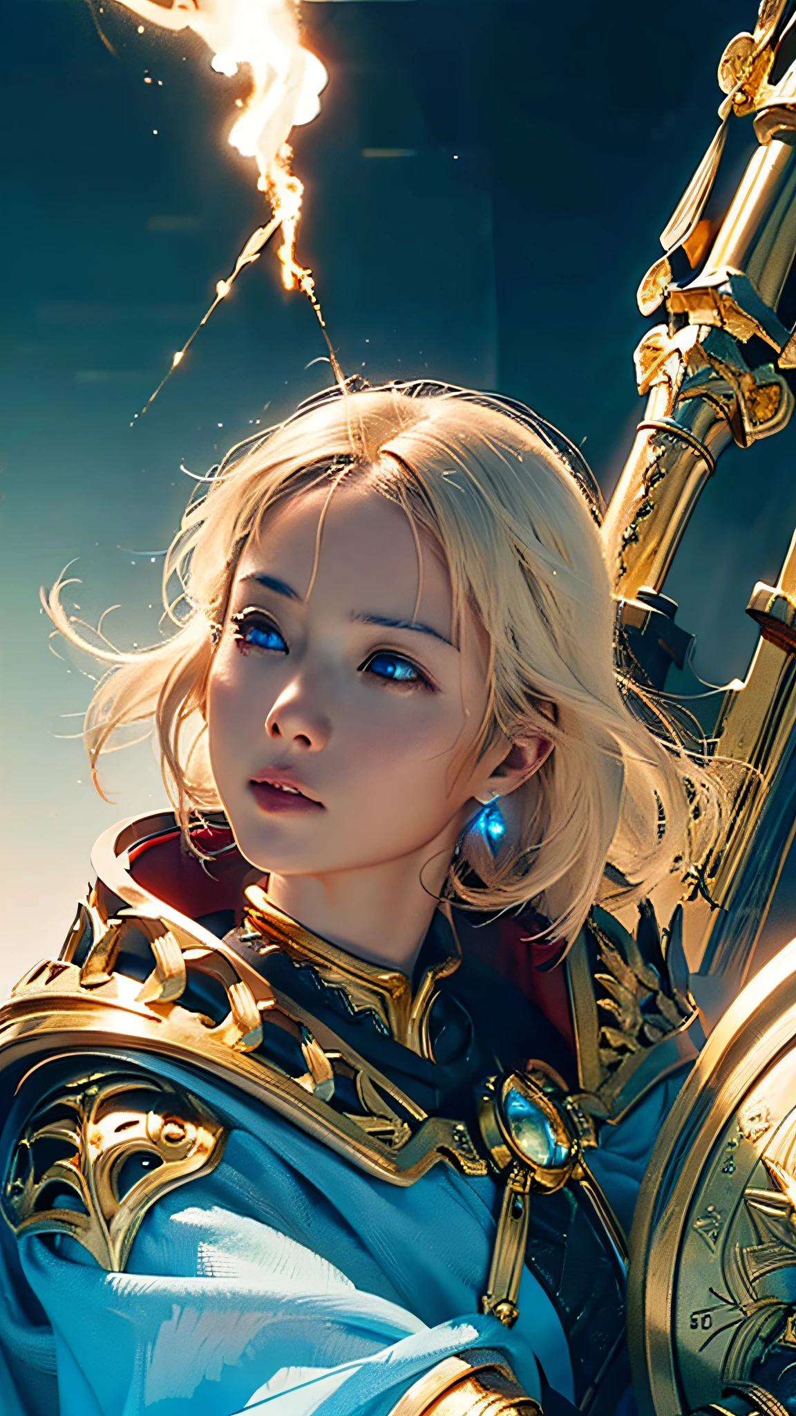 Official Art, Unity 8k Wallpaper, Ultra Detail, Masterpiece, Best Quality, One Woman, (Very Detail), Dynamic Angle, Mystical Expression, Fire Glowing Effect, Fantasy Background, Rim Lighting, Side Light, Cinematic Light, Ultra High Definition, 8k UHD, Film Grain,Best Shadow, Delicate, RAW, Light Particles, Detailed Skin Texture, Detailed Gem Armor Texture, Detailed Face, Complex detail, ultra-detailed, bright, strong, white armor, has glowing weapons, has a shield, pole dron, (((gold hair)), glowing blue eyes, long red cloak, fantasy, (realistic),