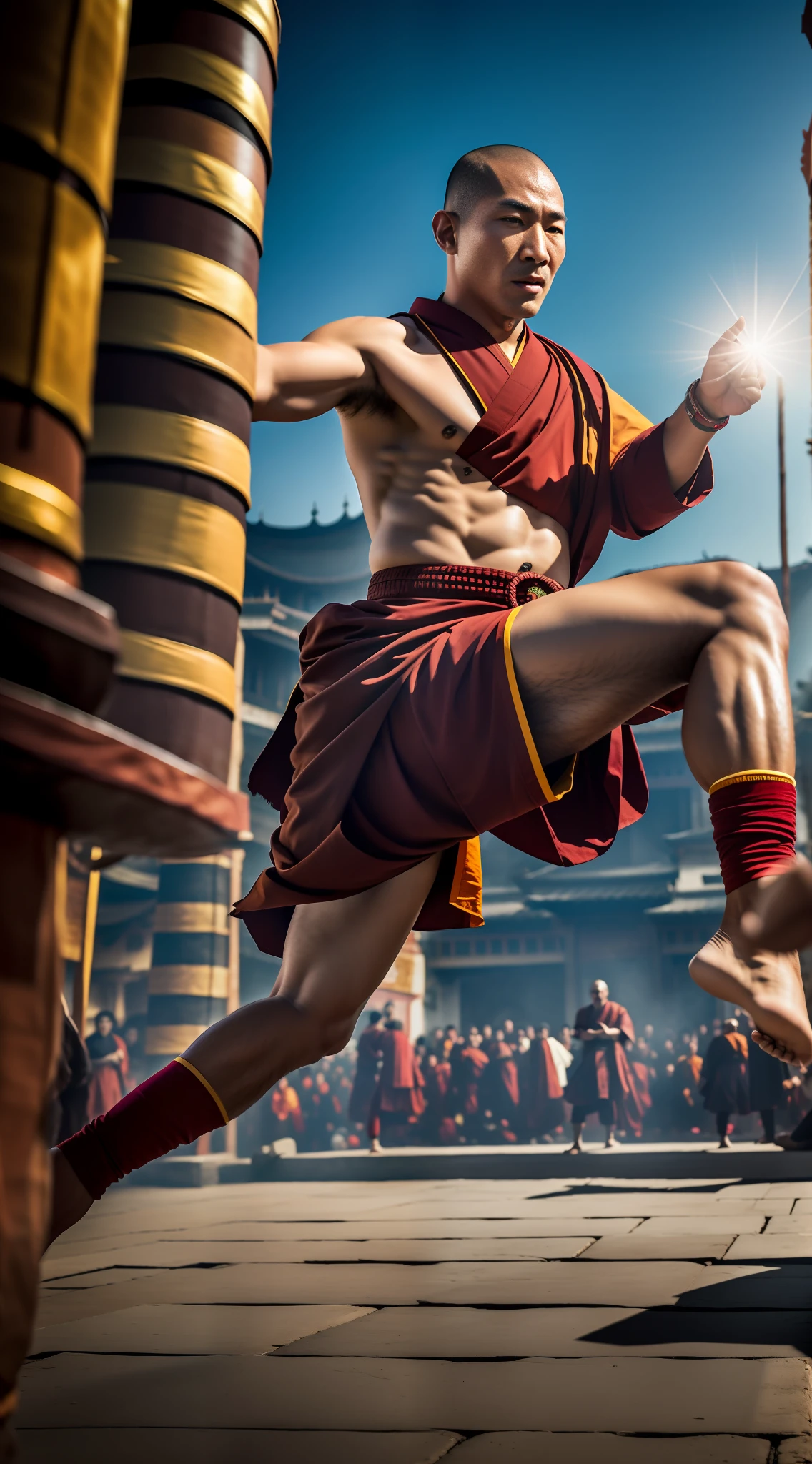 "Tibetan monk, mastering kung fu and jumping into a fighting arena, surrounded by a crowd of mesmerized spectators. A masterpiece in 8k resolution."