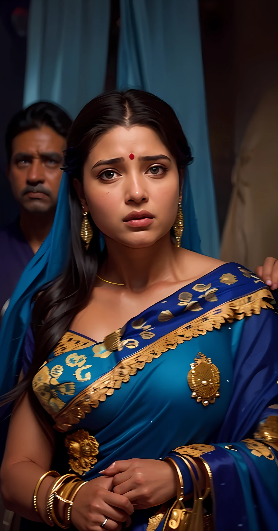 a close up of a woman in a blue sari with a man in the background, she has a distant expression, still shot from movie, pretty face!!, with a sad expression, & her expression is solemn, still from movie, but a stern look about her, shocked look, she has a cute expressive face, film movie still, an attractive, innocent look