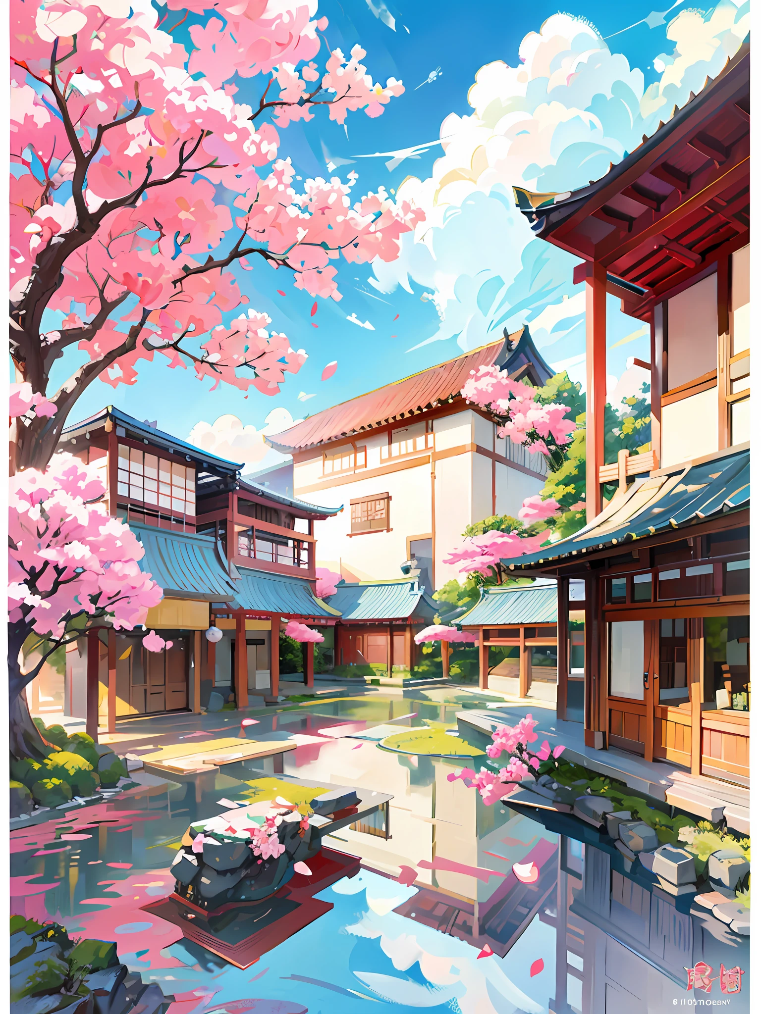 A garden painting with table and chairs and a flowering tree, anime background art, japanese art style, beautiful anime scenery, fantastic chinese town, japanese village, beautiful artwork illustration, landscape art detail, landscape artwork, beautiful anime scene, anime scenery, 8k high quality detail art, japanese community, anime landscape concept art, japanese town, anime beautiful peace scene, strong light and shadow, texture