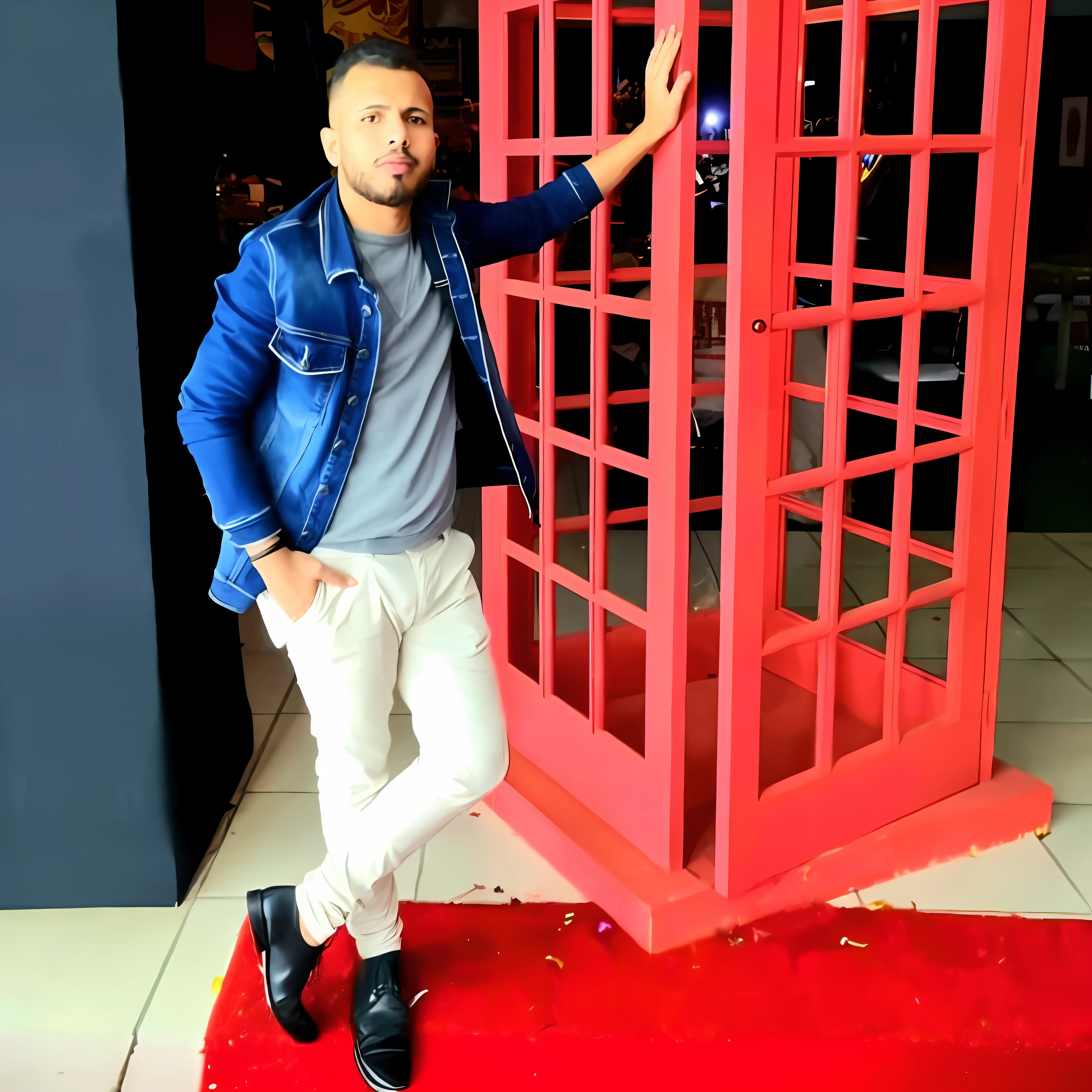 arafed man standing in front of a red phone booth, mohamed chahin style, mohamed chahin, photo shoot, riyahd cassiem, ismail, inspired by Fathi Hassan, mohamed reda, full body photogenic shot, professional picture, photoshoot, inspired by Tamas Galambos, inspired by Abidin Dino, profile photo, joel torres