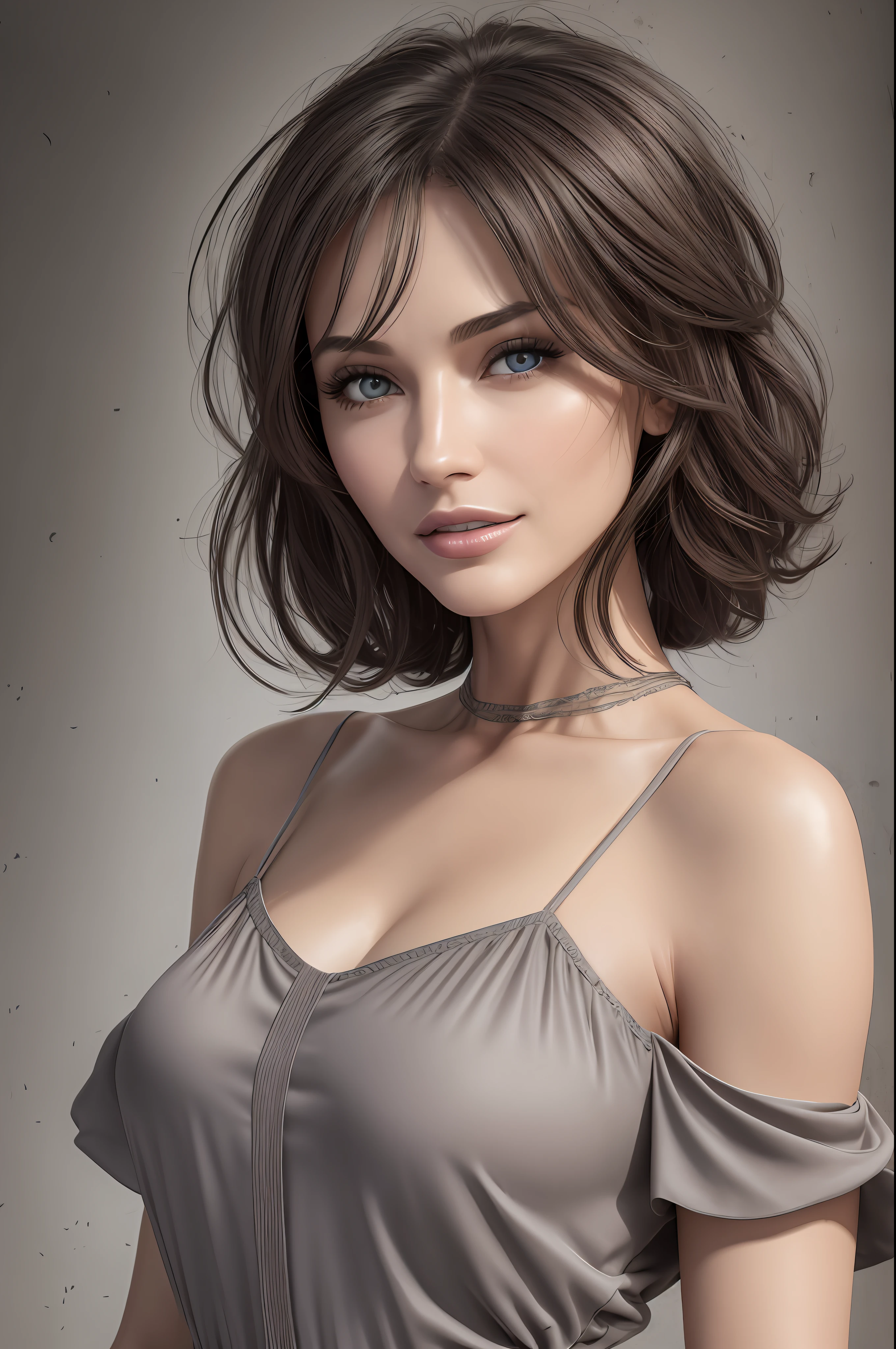 Model 40 years old, [[[[close-up]]]], [[[[chest]]]], [[[[neck]]]], [[[[shoulders]]]], 8k, photorealistic, gray eyes, perfect iris, perfect lips, perfect teeth, perfect skin, soft front light, glow, HDR, (muted colors: 1.2), dress with spaghetti straps, shoulder length dark hair --auto --s2