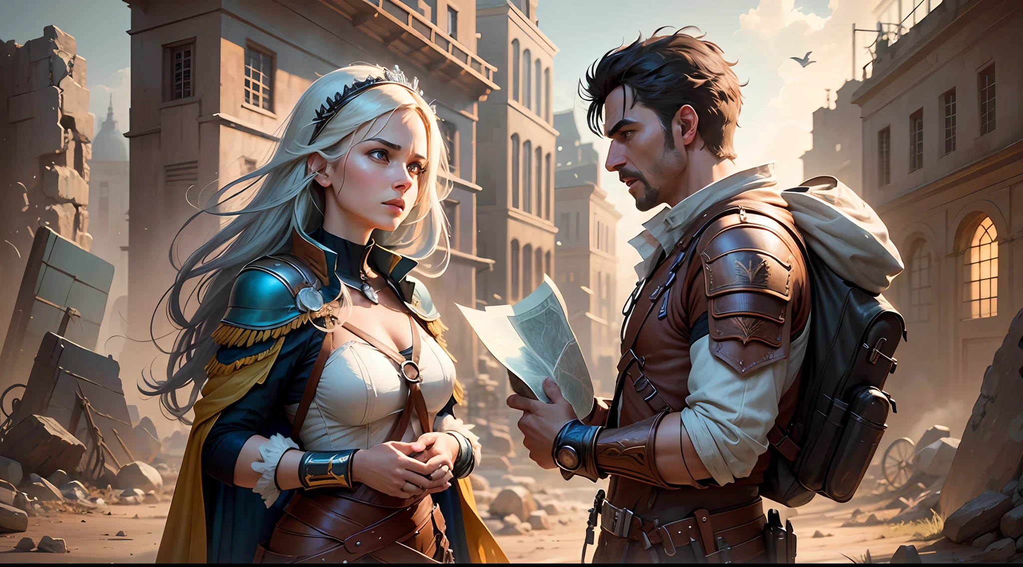 /imagine prompt: a digital illustration of Rafaela and Pedro discussing the findings of the ancient map with enthusiasm
Inspiration: Craig Mullins
The scene shows Rafaela and Pedro in the foreground, with excited expressions as they share information about the map. Realistic details and a digitally enhanced color palette are highlighted in the illustration. The intense lighting underscores the energy and determination of the characters. --V 5 --Stylize 1000 --auto --s2