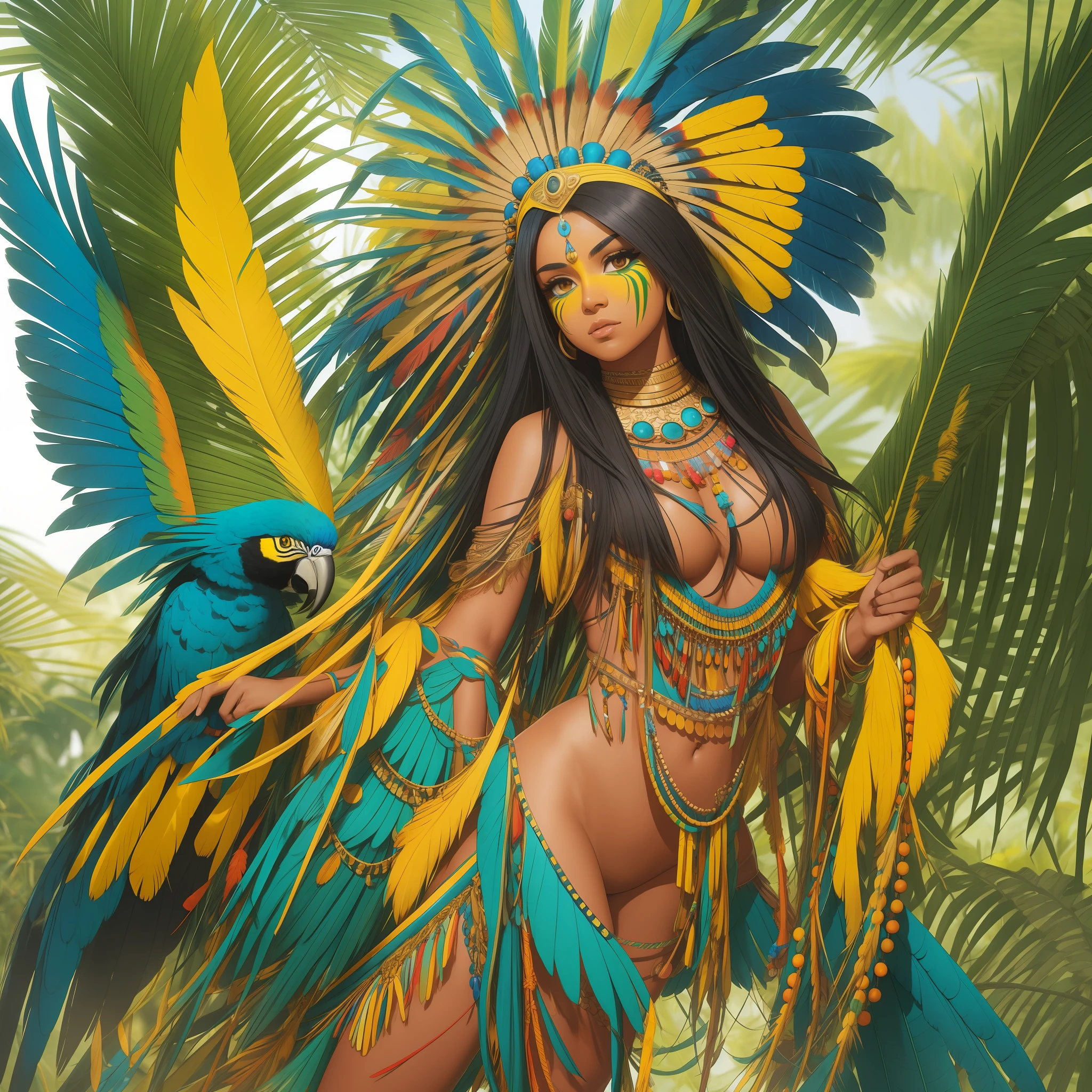 Wild Xavante India, extreme tanned skin, extremely long black straight hair messes up on bare chests, huge headdress of blue macaw parrot feathers, large cheeks, long, curvy legs, yellow and green indigenous chest paint, blue and yellow painted chest, yellow and green indigenous face paint, huge blue macaw parrot feather necklace,  honey eyes - groin appearing, legs open, breasts bare, legs open, no clothes underneath-self --s2