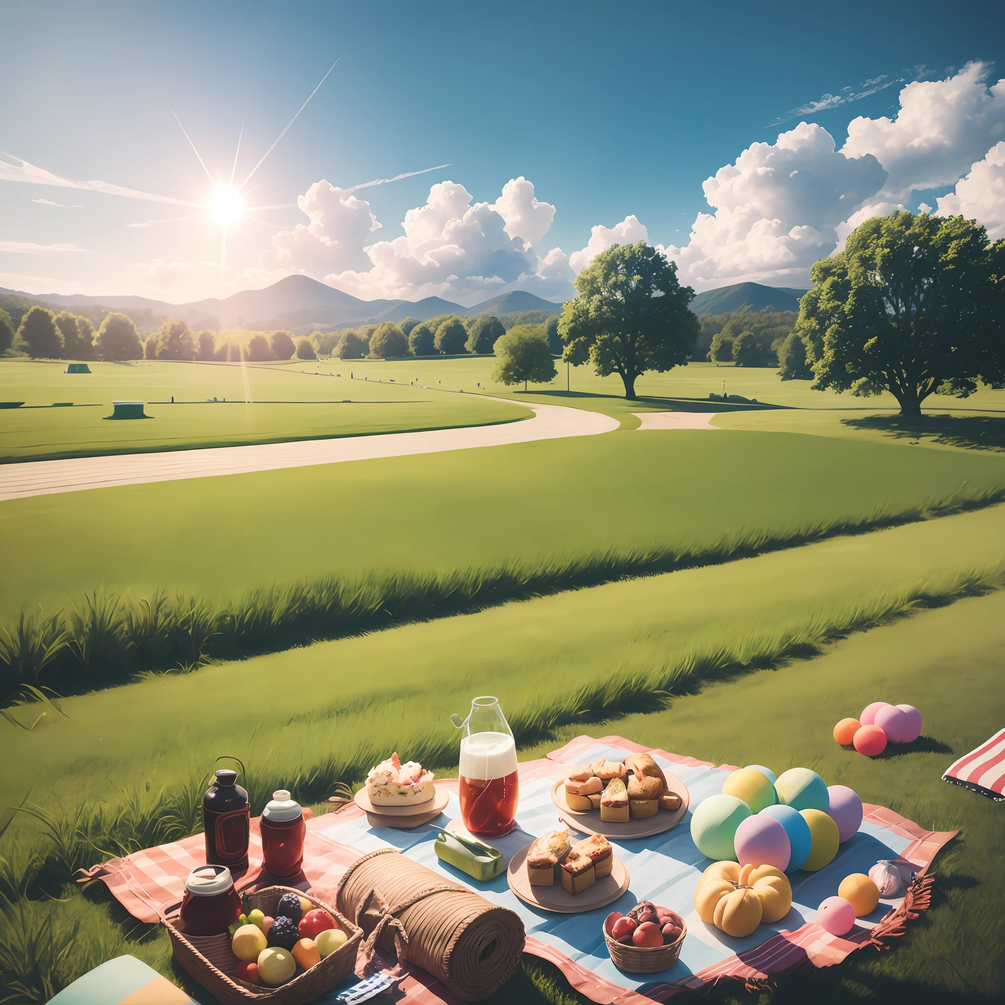 there is a picnic on the grass with a picnic blanket, summer setting, masterpiece work of art, picnic, realistic afternoon lighting, (fantasy), sunny morning light, sunny day in a park, having a picnic, perfect crisp sunlight, beautiful sunny day, realistic scene, sunny park background, shutterstock, highly detailed scene, recreation, on a sunny day, art work