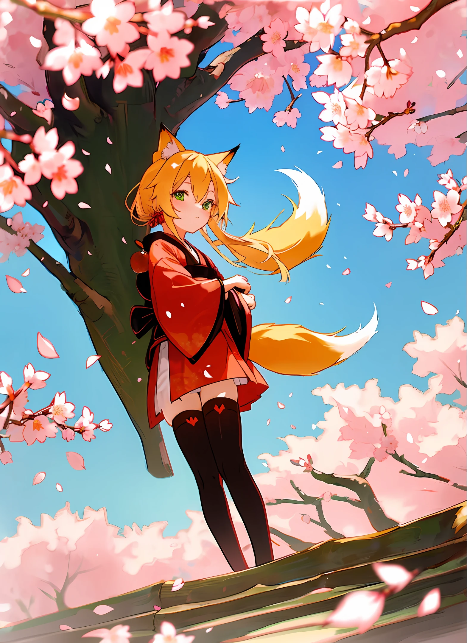 Shrine girl, blonde hair, fox ears, Japanese witch costume, green eyes, fox tail, furry tail, cherry blossom background, under cherry blossom trees, black stockings, blue sky, cute, cherry small mouth, cherry petals, full body