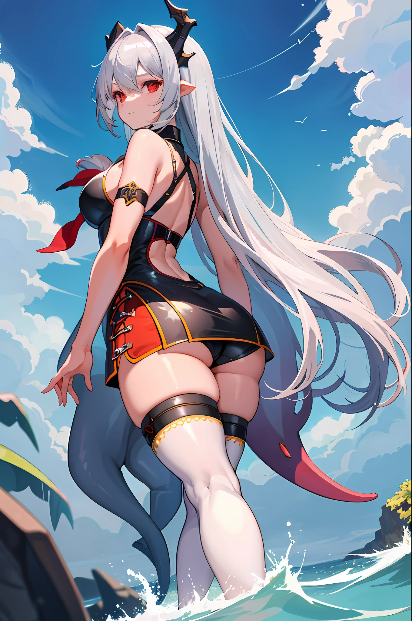 masterpiece, best quality, high_resolution, fine detail, very detailed and beautiful, distinct_image, 1 girl, solo, from below, silver hair, red eyes, dragon horns, (huge), (),seaside,curvy, dolphin shorts, back arms,usa,thighhigh,miniskirt
