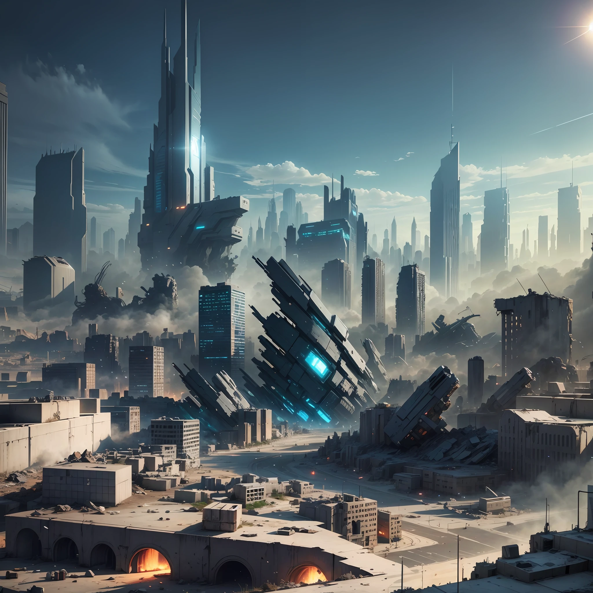 Apocalyptic futuristic city, with lots of rubble and ultra-realistic technological buildings, hyper-realistic, 3D, dynamic lighting, daytime environment, cool hue, lens flare. --auto --s2
