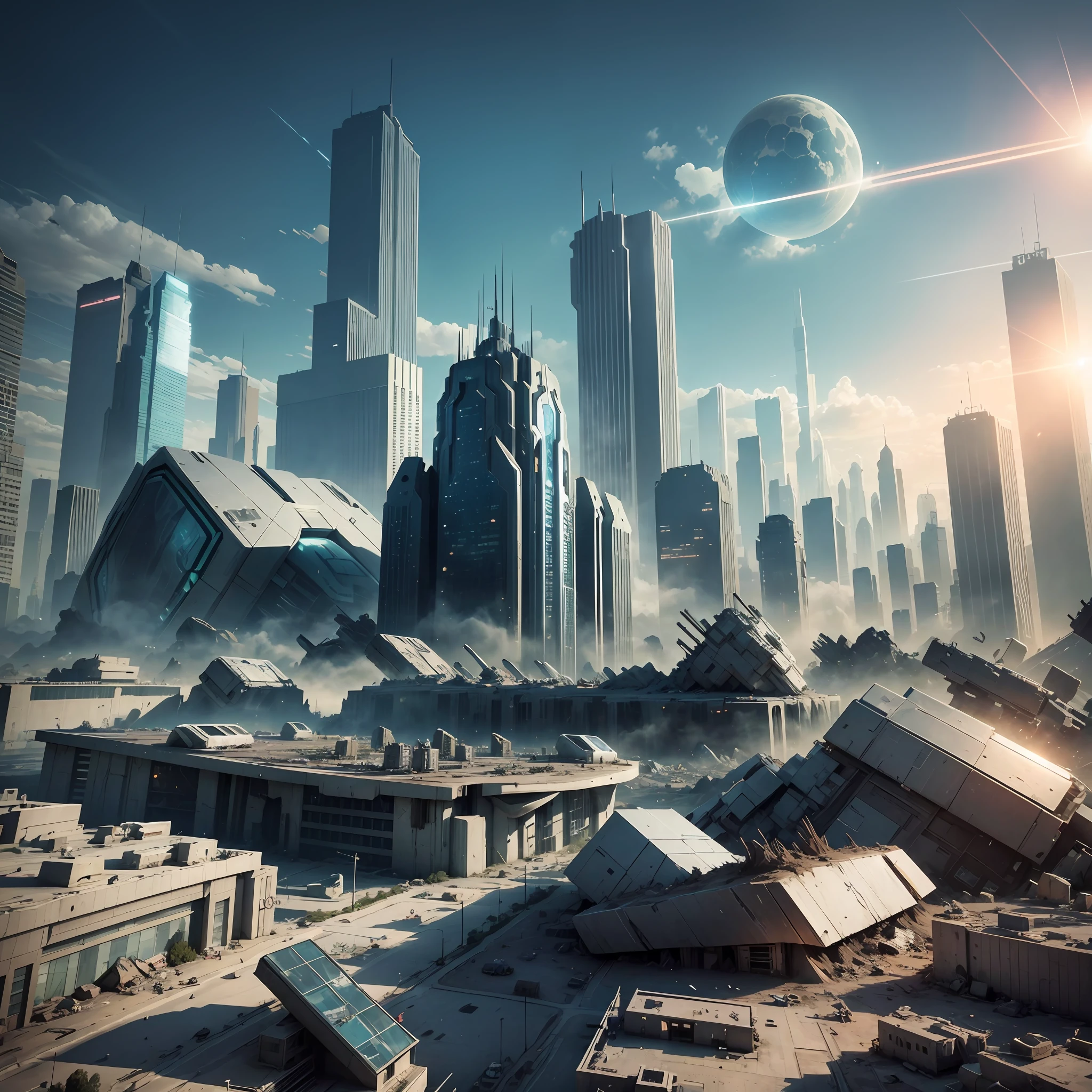 Apocalyptic futuristic city, with lots of rubble and ultra-realistic technological buildings, hyper-realistic, 3D, dynamic lighting, daytime environment, cool hue, lens flare. --auto --s2