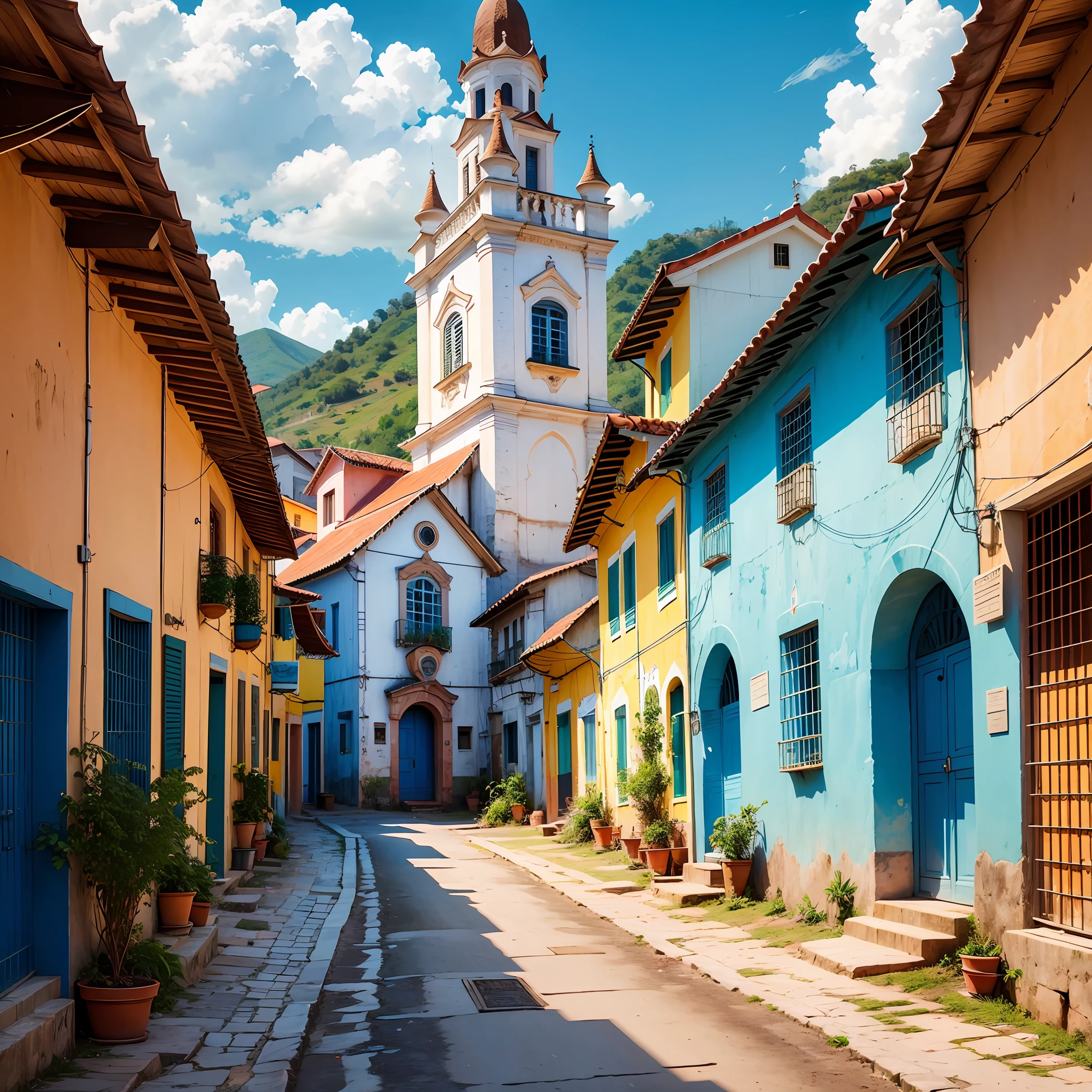 A small town in the interior of Minas Gerais, with colorful houses and beautiful sky and a church. There is a narrow street and an elderly Anando de Costa