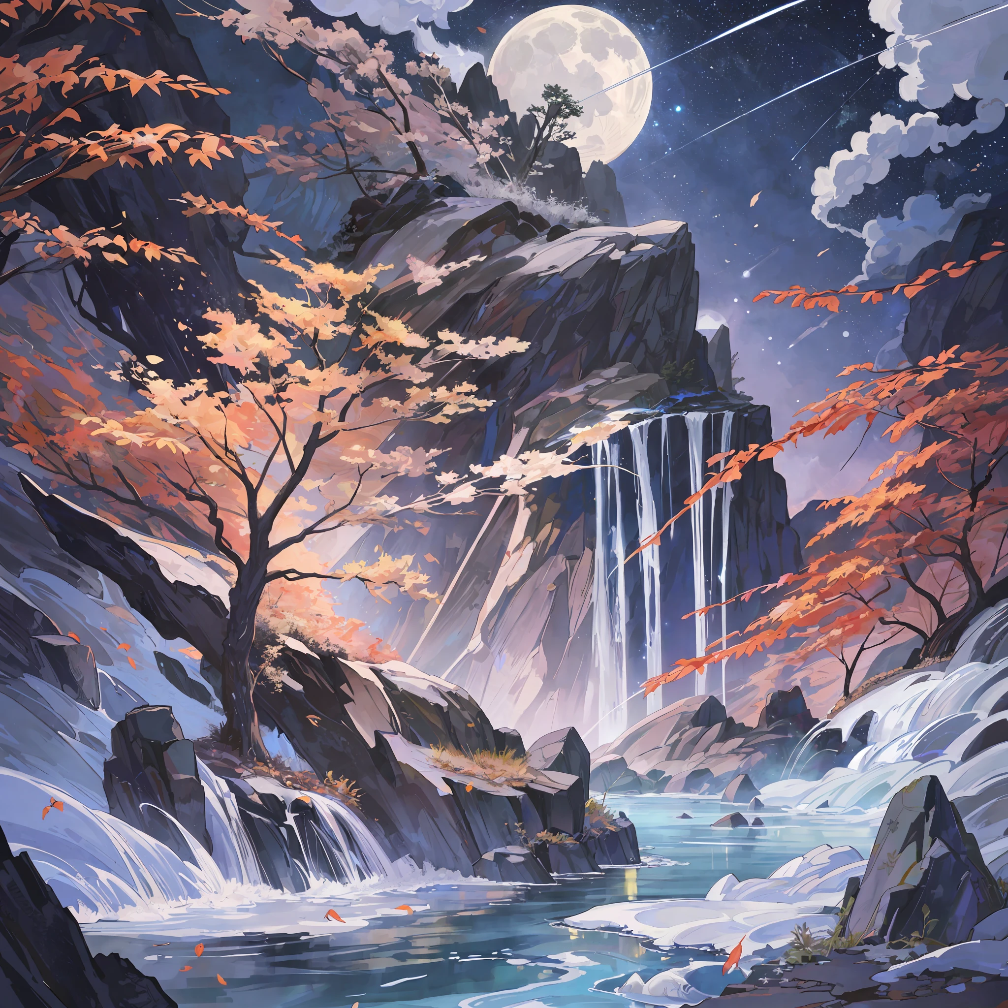Silver-white moon, late autumn starry night, Hanfu man, wide-angle lens, picture quality masterpiece, 8K high resolution, streamer special effects, particle special effects, shooting stars crossing, rapids rushing, maple leaves falling, cliffs, ancient atmosphere.