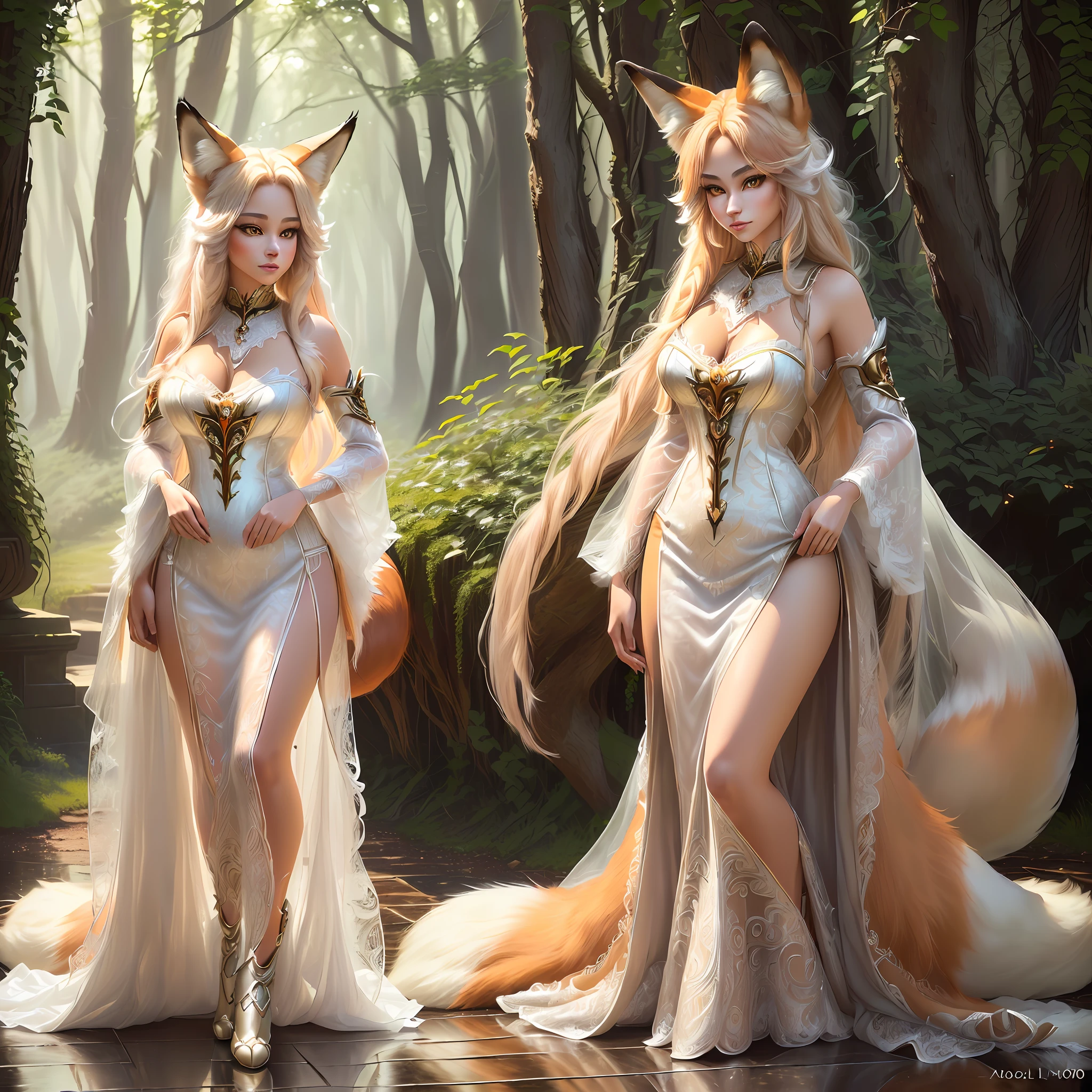 (solo)), (full body) photo taken of the most beautiful work of art details and beautiful eyes, intricate detail, High Detail, ultra realistic, (furry art!!, furry art ((anthro female fox cleric)), forest, very beautiful furry art, realistic, 8k, -- long human hair, duplicated, fluffy long tail, transparent short dress, lacy white lingerie, cute look