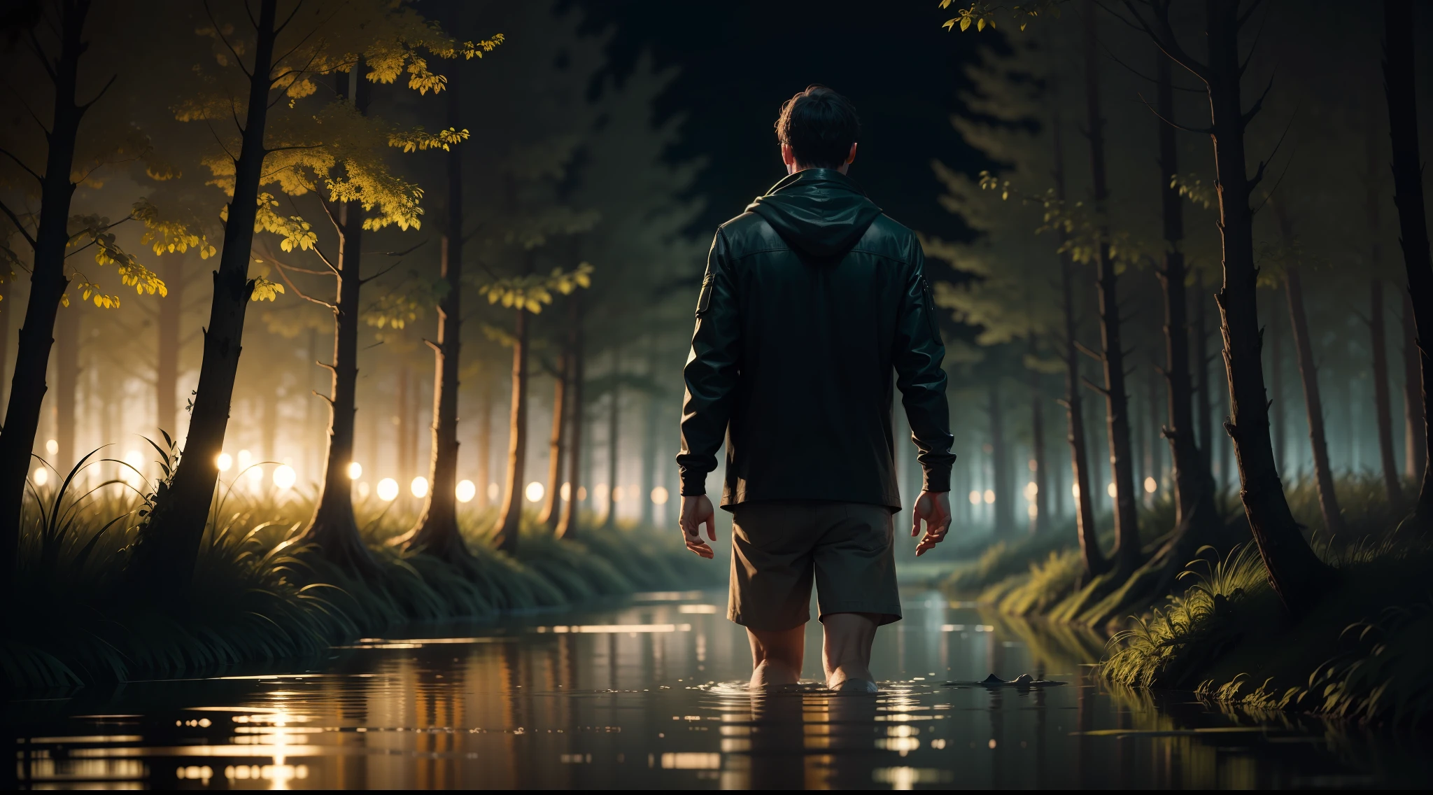 Man coming out of a swamp at night