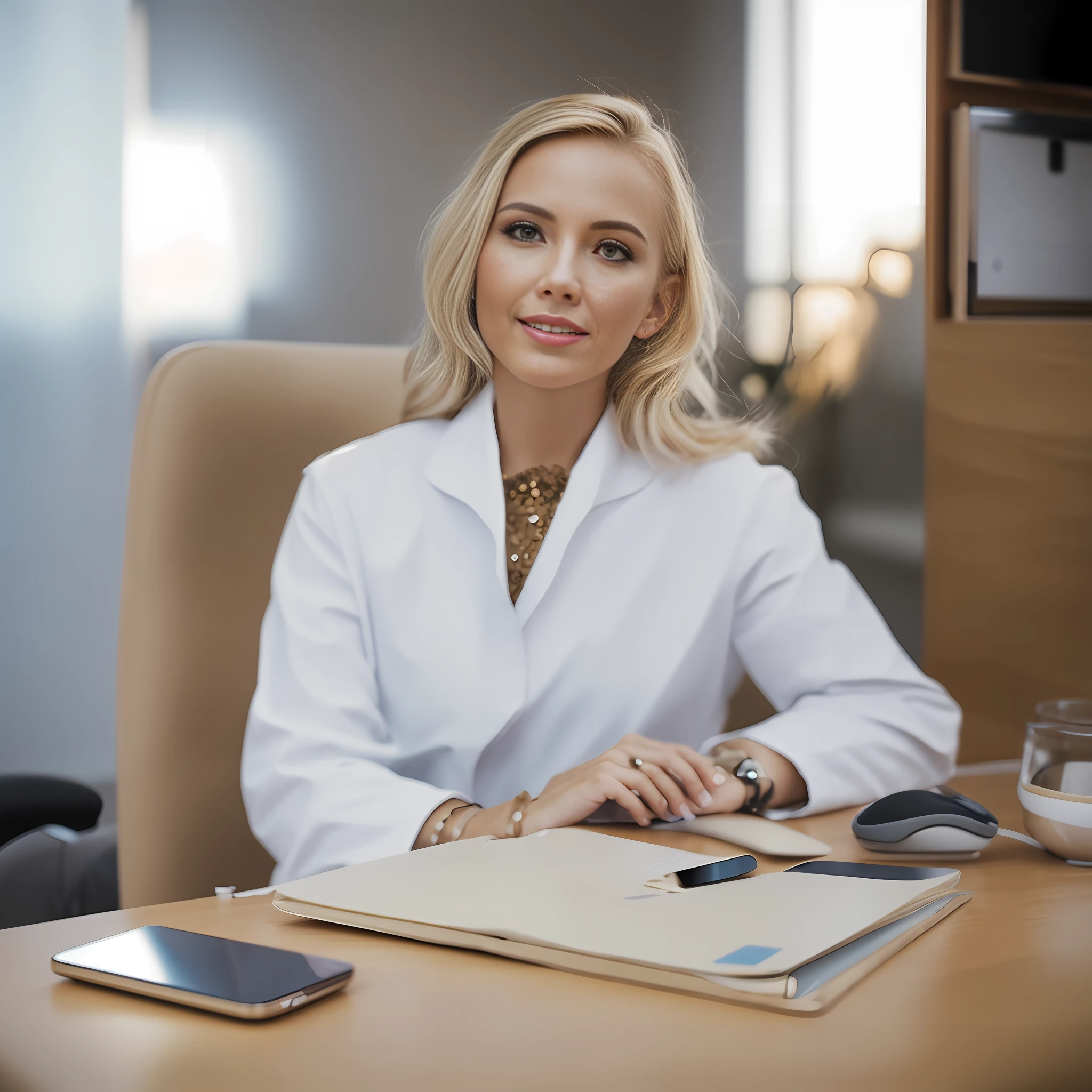 Photo of blonde woman with dark root, sitting at a desk with a laptop and cell phone, medical,(highly detailed skin: 1.2), 8k uhd, dslr, soft lighting, high quality, film grain, Sony a7i