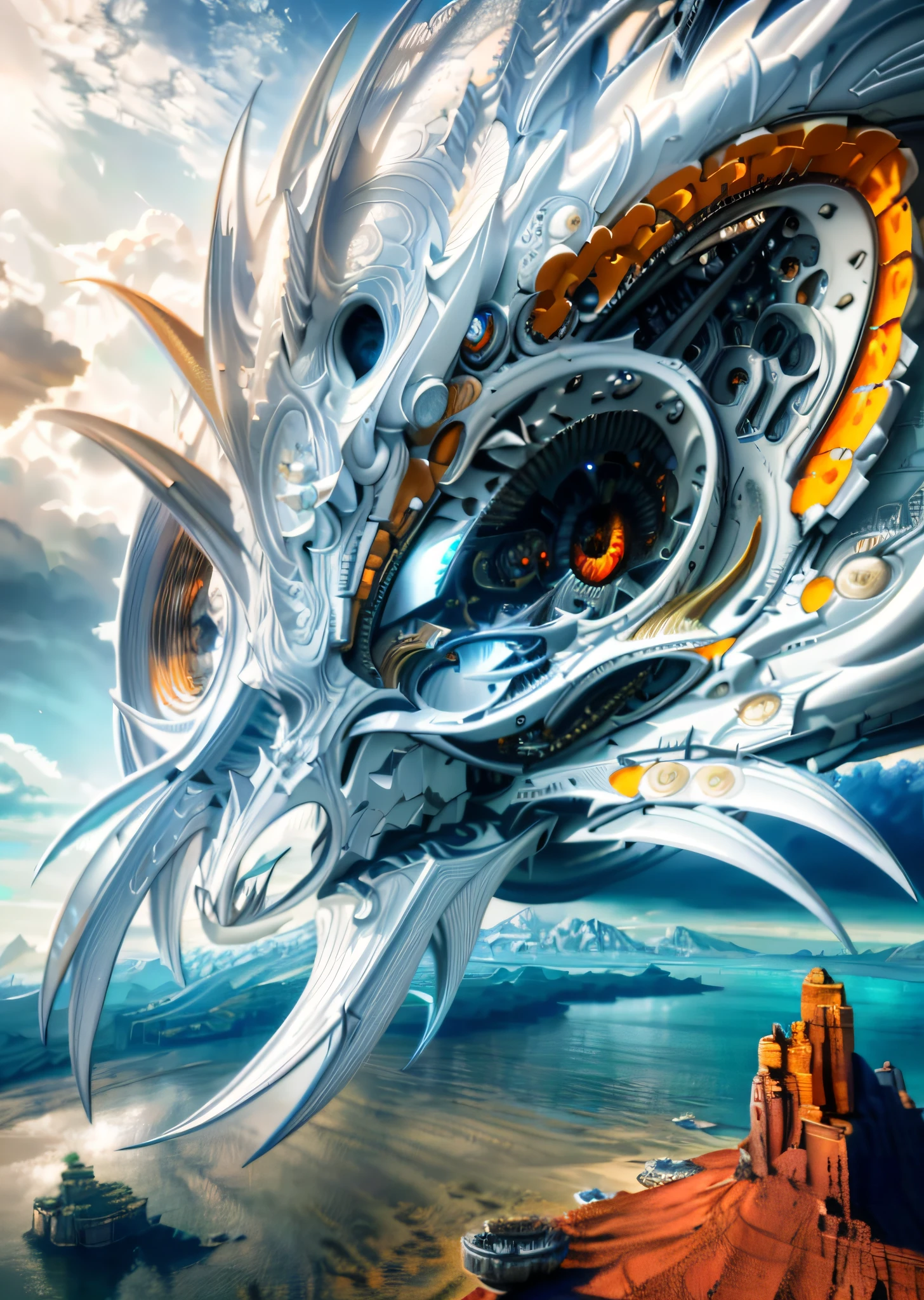 a large white dragon head with a large orange eye in the sky, 4k highly detailed digital art, highly detailed digital art, elaborate digital art, extremely detailed digital art, great digital art with details, intricate digital painting, hyper detailed digital art, detailed fantasy digital art, 4k detailed digital art, high detailed digital art, highly detailed digital artwork, beautiful digital artwork