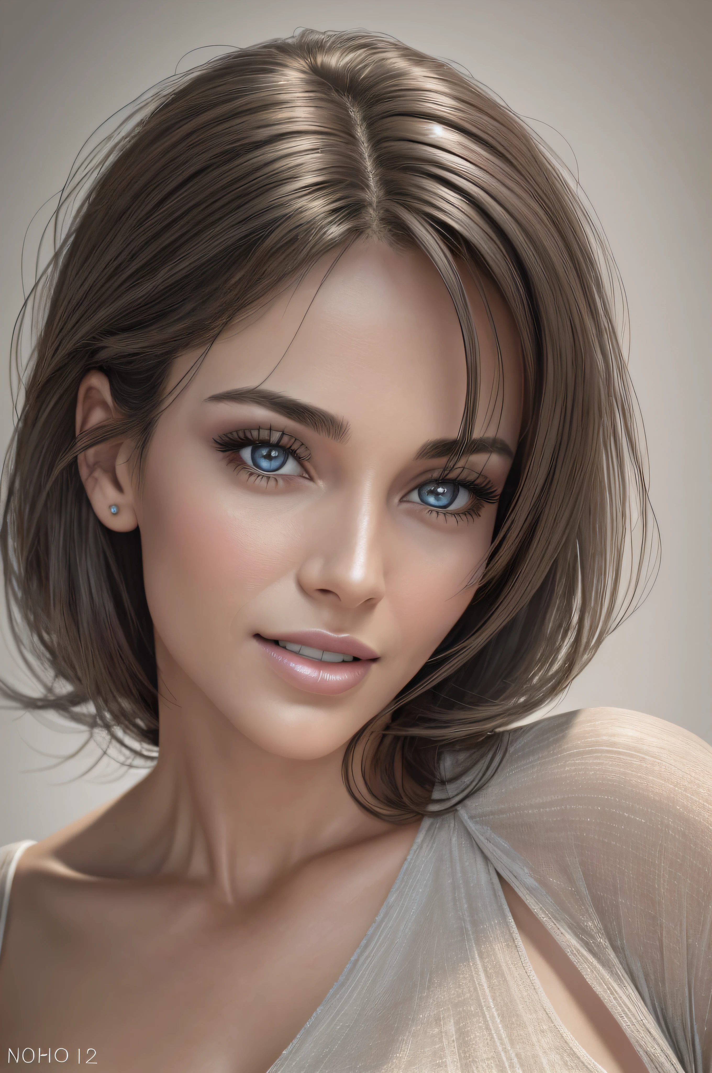 Model 40 years old, [[[[close-up]]]], [[[[chest]]]], [[[[neck]]]], [[[[shoulders]]]], 8k, photorealistic, gray eyes, perfect iris, perfect lips, perfect teeth, perfect skin, soft front light, glow, HDR, (muted colors: 1.2), dress with spaghetti straps, shoulder length dark hair --auto --s2