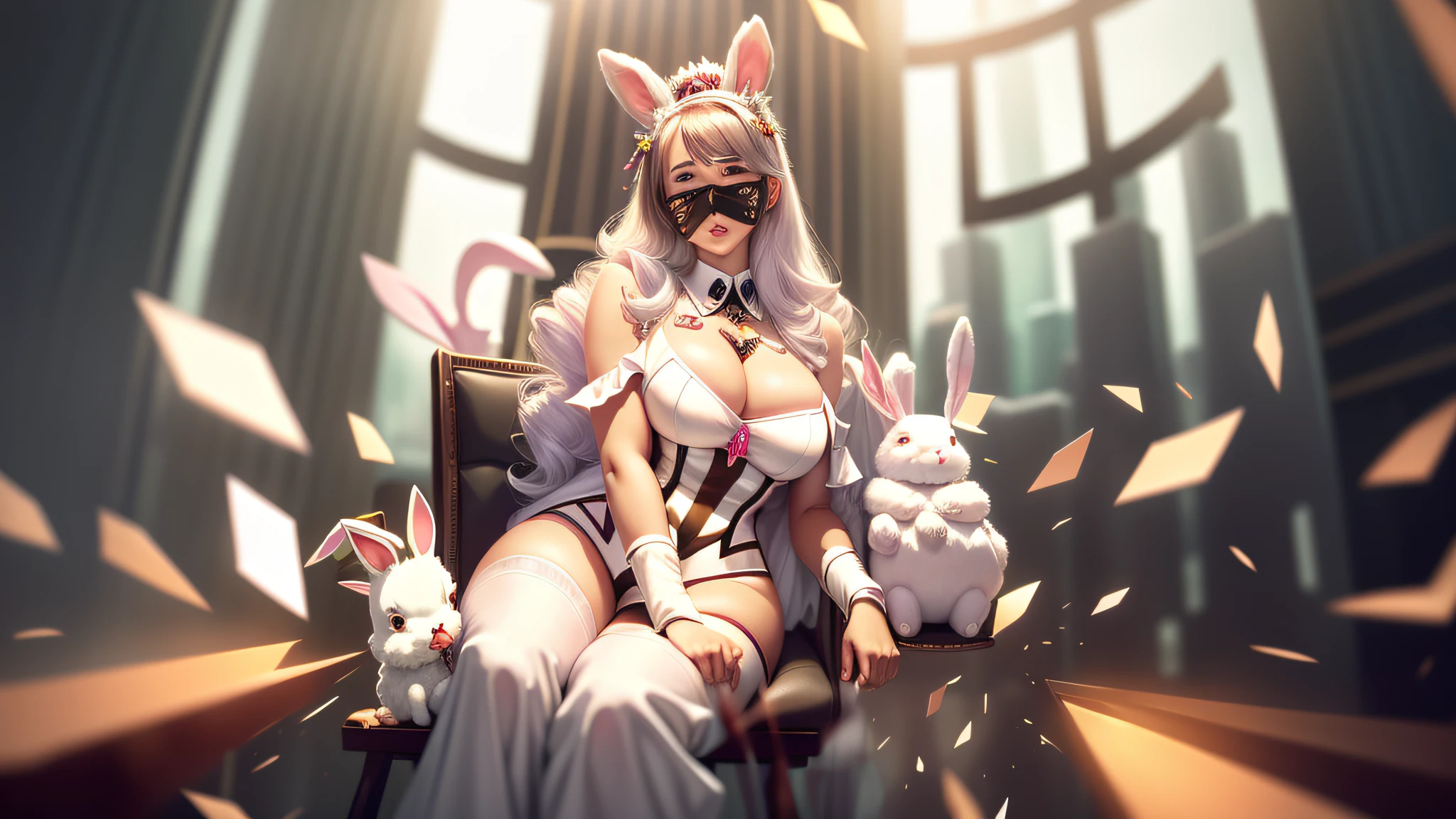 there is a woman sitting in a chair with a bunny mask on her head, angelawhite, ultrarealistic sweet bunny girl, bunny girl, playboy bunny, bbwchan, sakimichan, with bunny ears, bad bunny, cute fumo plush bunny girl, with big rabbit ears, rabbit_bunny, ayahausca, with bunny rabbit ears