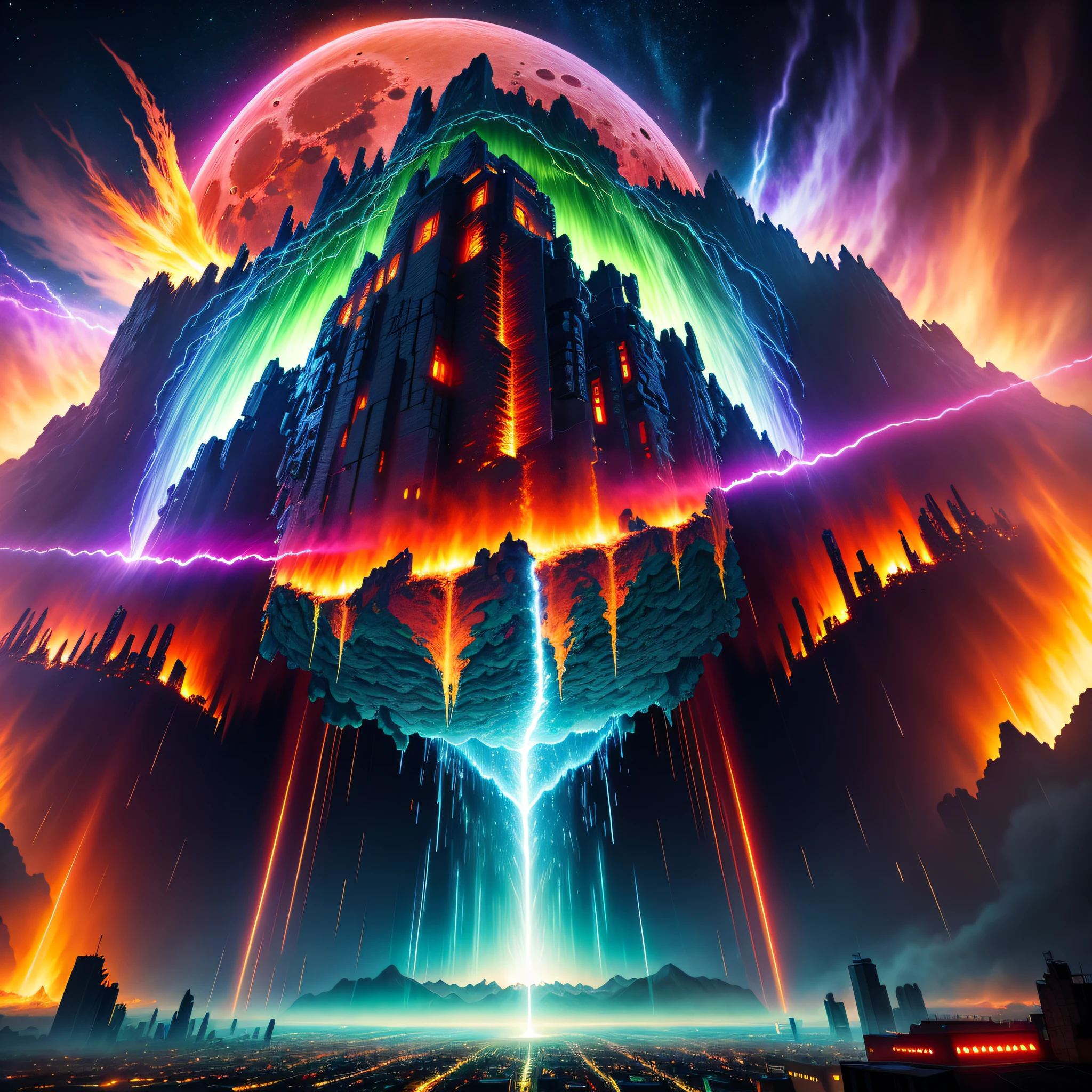 giga godzila , tempest passing through your body, destroing city in fire, blood moon and cosmic Northern Lights in background, highly detailed, refraction, 4k, realistic, beatiful eyes, massive monster, nightmare
