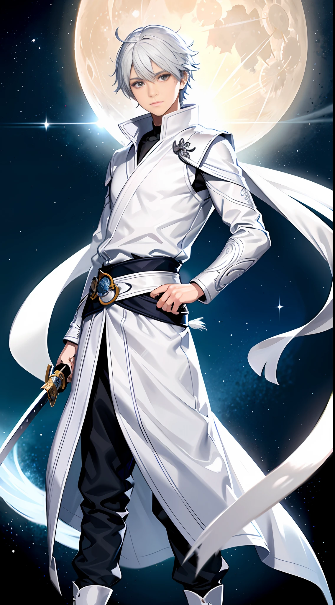 A -yeld boith white hair and silver eyes, known for having great combat skills with ice magic. He wears white clothes like the light of the full moon with a long white scarf around his neck, in addition he also carries a katana with the blessing of the moon goddess that he carries on the right side of his waist