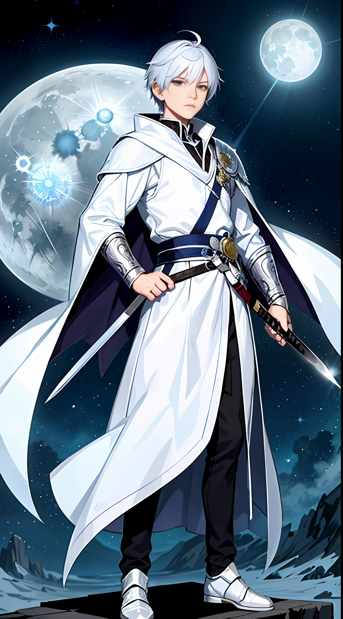 A 13-year-old boy with white hair and silver eyes, known for having great combat skills with ice magic. He wears white clothes like the light of the full moon with a long white scarf around his neck, in addition he also carries a katana with the blessing of the moon goddess that he carries on the right side of his waist