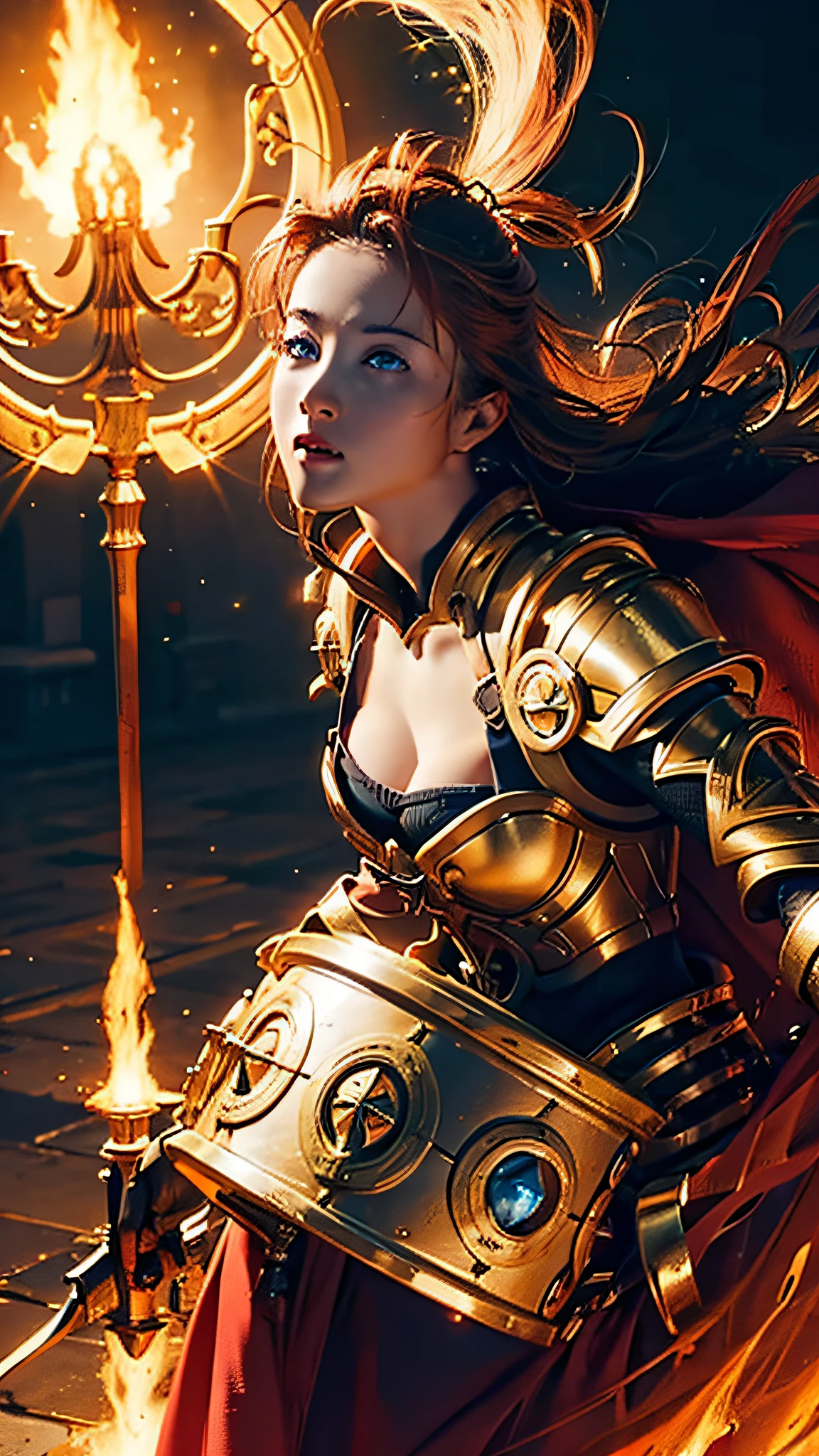 Official Art, Unity 8k Wallpaper, Ultra Detail, Masterpiece, Best Quality, One Woman, (Very Detail), Dynamic Angle, Mystical Expression, Fire Glowing Effect, Fantasy Background, Rim Lighting, Side Light, Cinematic Light, Ultra High Definition, 8k UHD, Film Grain,Best Shadow, Delicate, RAW, Light Particles, Detailed Skin Texture, Detailed Gem Armor Texture, Detailed Face, Complex detail, ultra detailed, bright, strong, red armor, cleavage, has glowing weapons, has a shield, pole dron, (((golden)), shining blue eyes, long blue cloak, fantasy, (realistic),