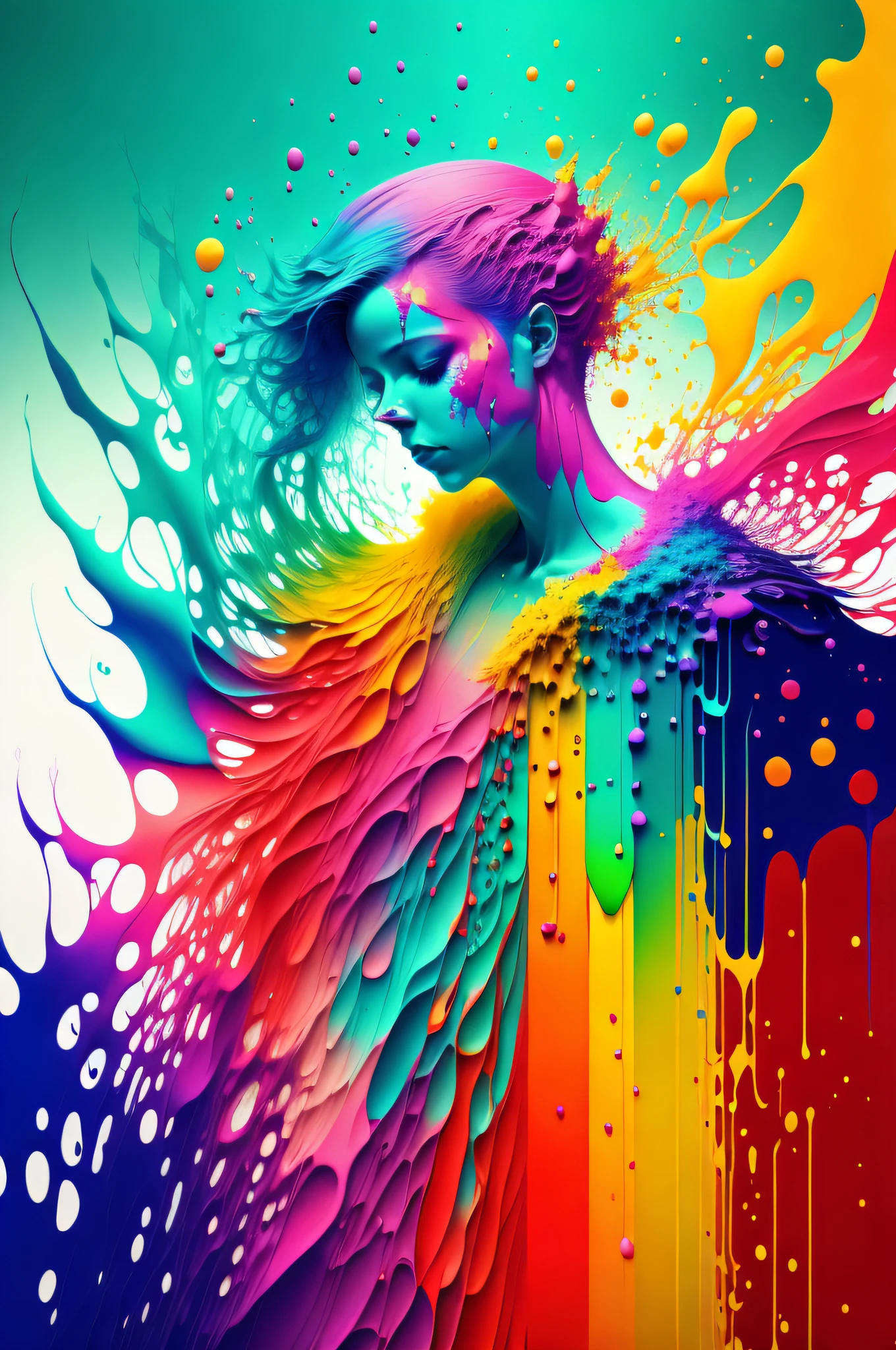 Colorful abstract art of paint forming a person, Romantic lighting, Sub-surface Scatterring, Brightness, Underwater paint art awarded by Alberto Seveso