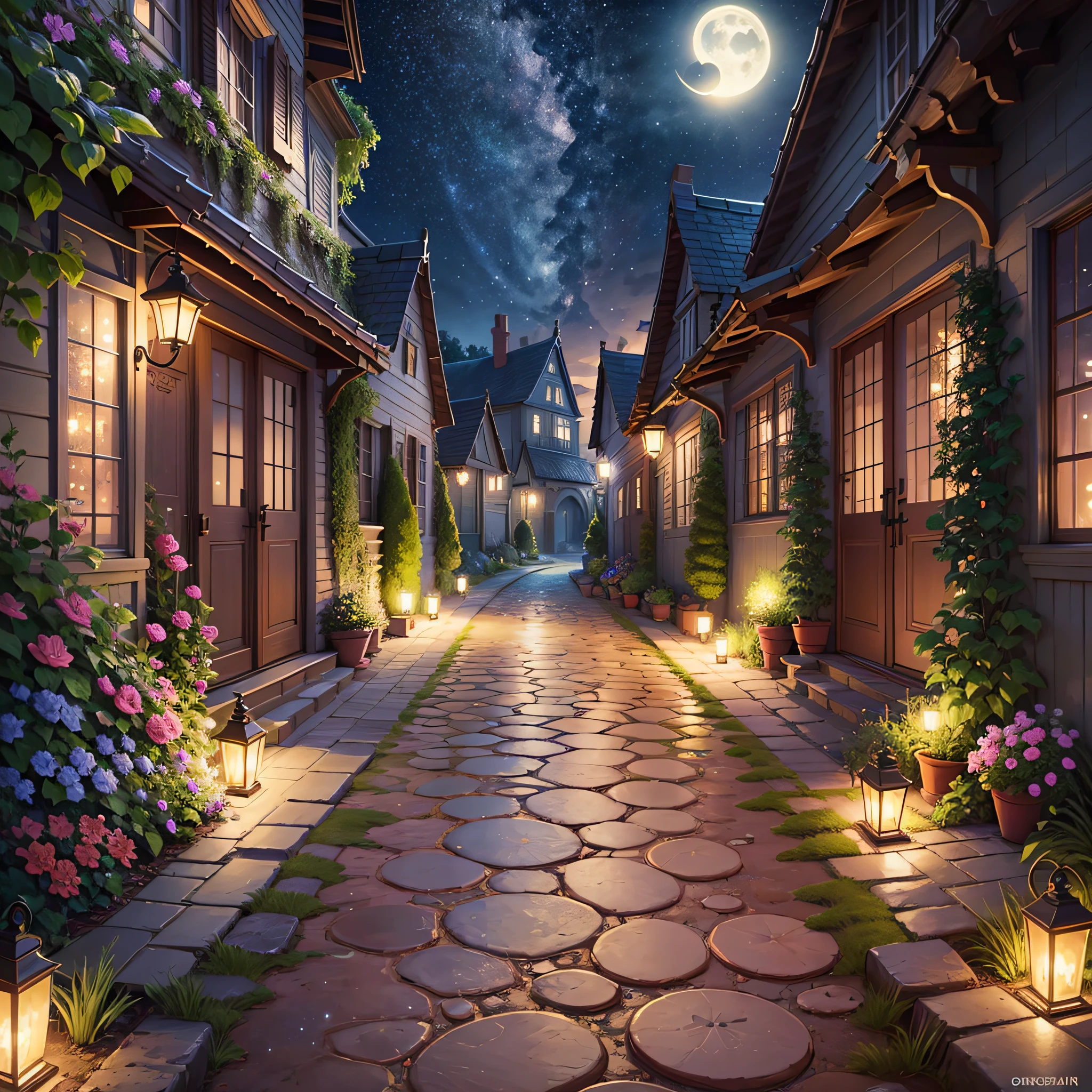 Disney style illustration, garden, starry sky, moonlight, 8K --auto --s2