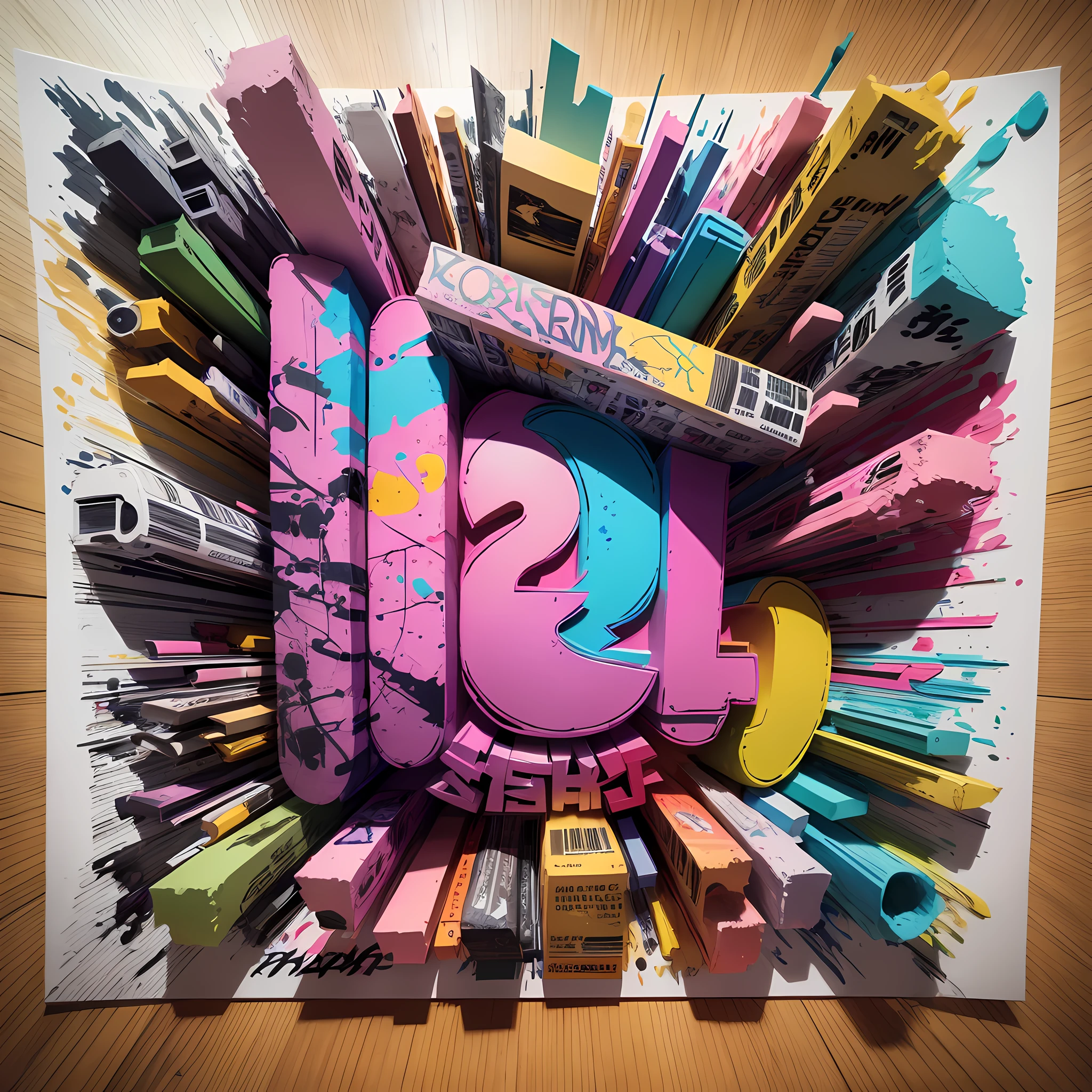 Artistic image graffiti style, typography, newspaper clipping, 3d design icons, pastel colors, phrase: creation/execution/production with relief and ink dripping in the background, 3d lettering, intense colors --auto --s2