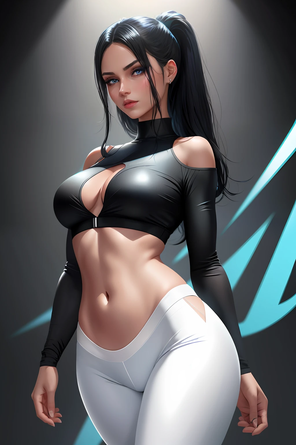 An attractive woman with diamond blue eyes, shimmering black hair, gorgeous body, wearing a black top, tabby abdomen, white leging pants, anatomically perfect, HD image, 8k, artwork, perfect illustration