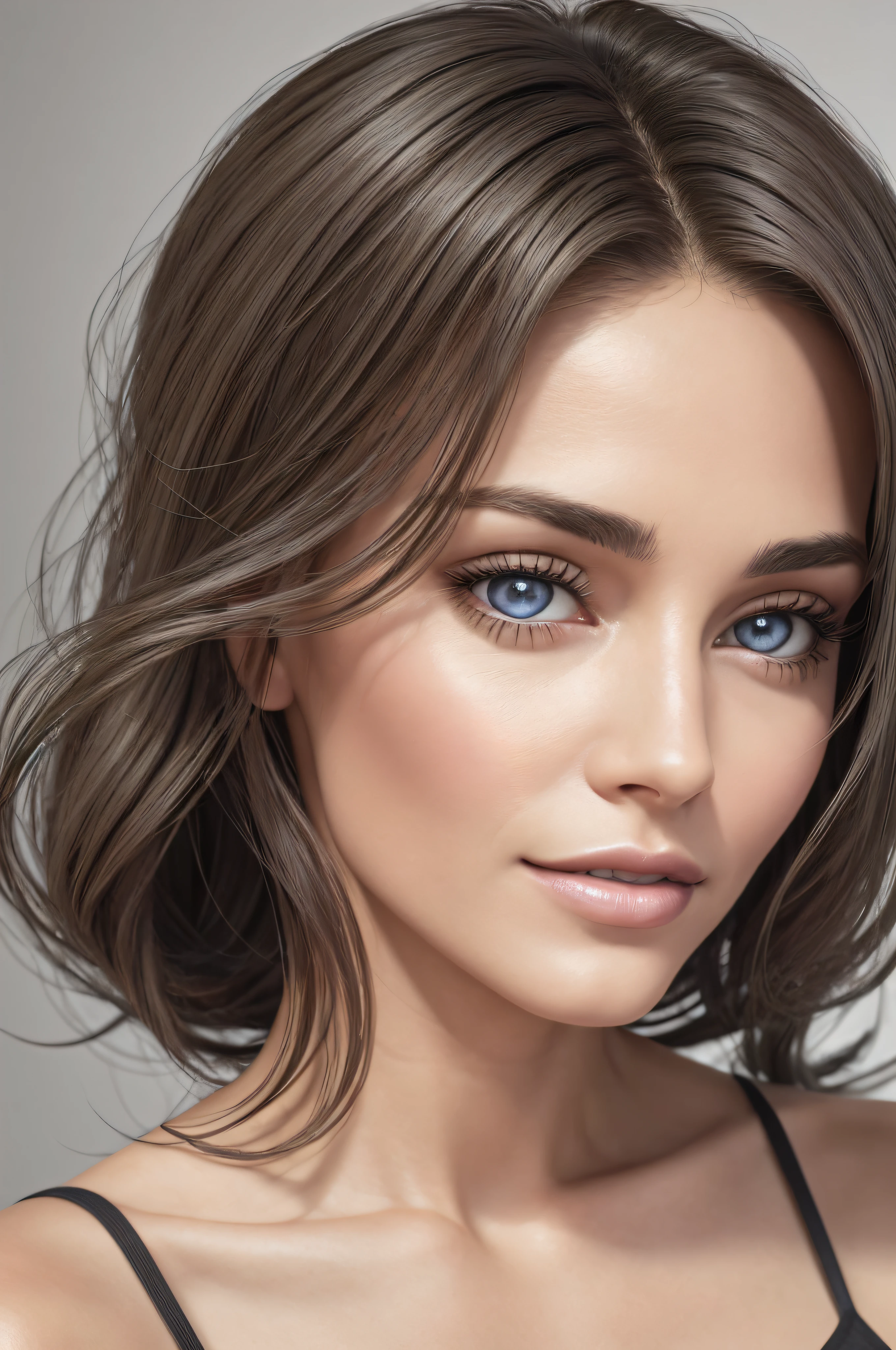 Model 40 years old, [[[[close-up]]]], [[[[chest]]]], [[[[neck]]]], [[[[shoulders]]]], 8k, photorealistic, gray eyes, perfect iris, perfect lips, perfect teeth, perfect skin, soft front light, glow, HDR, (muted colors: 1.2), dress with spaghetti straps, shoulder length dark hair --auto --s2