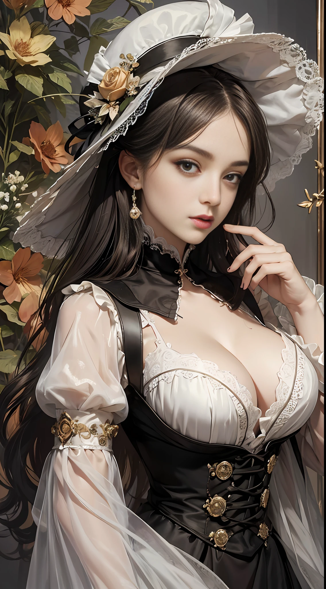 (Pure Color: 0.9), (Color: 1.1), (Masterpiece: 1,2), Best Quality, Masterpiece, High Resolution, Original, Highly Detailed Wallpaper, Beauty, Victorian, Dress, Melancholy, Big Breasts, Sepia Color, 30 years old --auto --s2