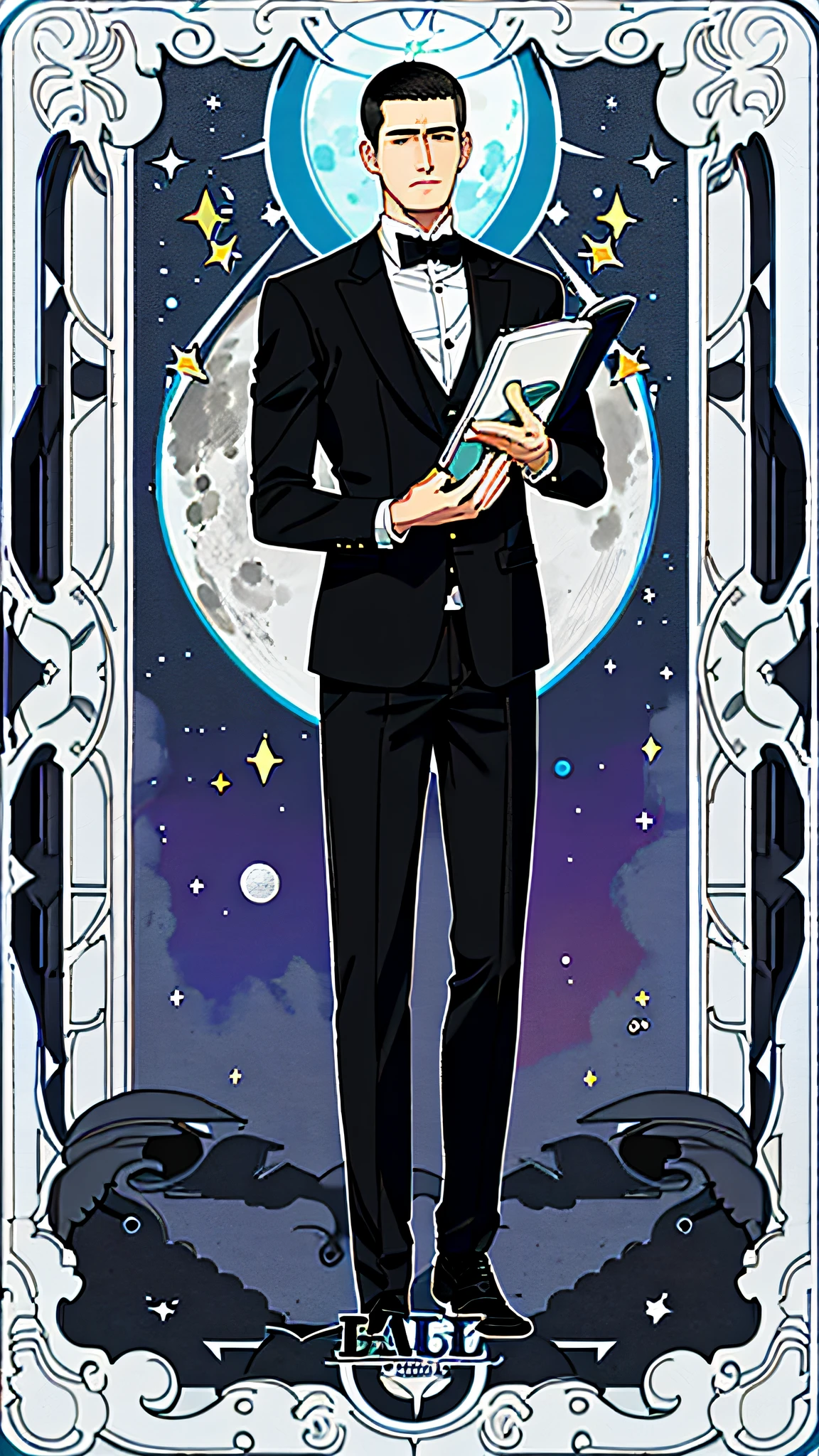 masterpiece, best quality, full body, card, 1 man, the moon, calm, clever, short hair, black hair, brush cut, standing, blue, black, purple, book, pen, buzz cut, black suit, royal, gentle, man, full moon, center, best pose