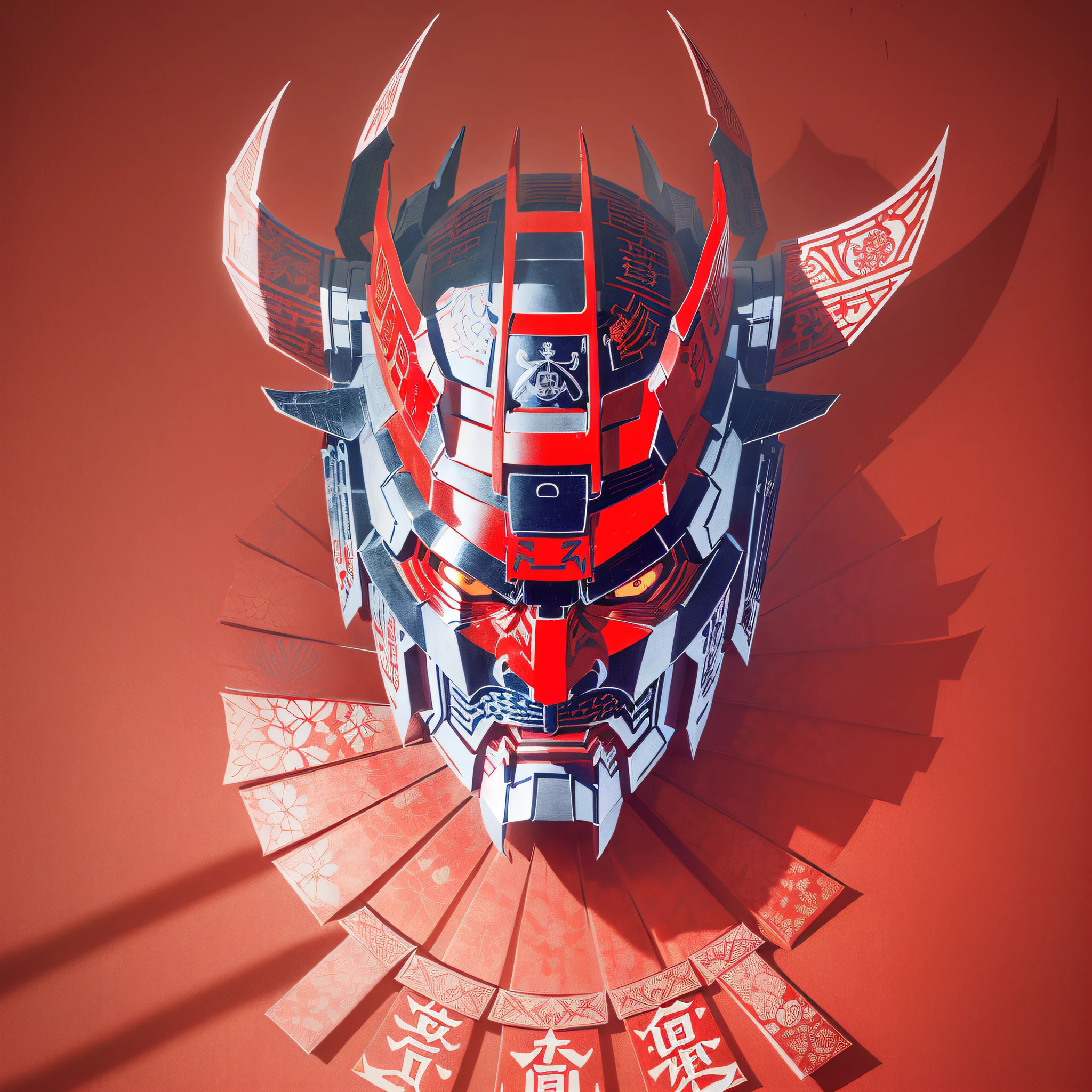 Optimus Prime ((Oni Hannya samurai mask with ancient Samurai Kabuto helmet)))), (((masterpiece))), best quality, ((Kirigami's Japanese paper cutting art)), ((Japanese paper cutting)), ((complicated paper cutting with many layers of paper)), ((each paper layer with shadows)), red background paper, single color on each paper layer, frontal, (symmetrical detailed Japanese tamon samurai mask),  Facial trasforms