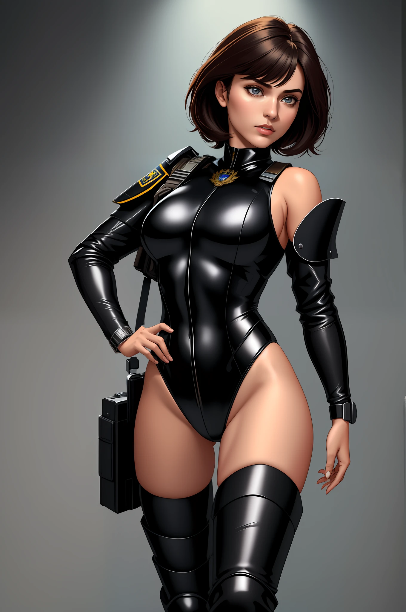 ((best quality)), ((masterpiece)), ((ultra realistic)), (dynamic heroic pose), ((1girl, solo)), English, beautiful detailed face, detailed eyes, sexy police officer, ((black leotard, police uniform)), white bracelets, high tech office backdrop, highly detailed, professional, bare legs, (full body costume design), standing, black hair, medium hair, brown eyes, (thigh-high matching boots), shoulder holster, shoulder pads, badge