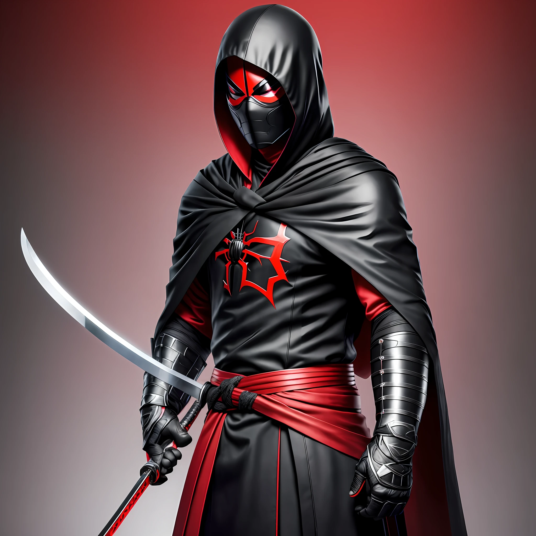 A swordsman boy with a black and red outfit, with a black mask and with 6 holes, 2 for the eyes and the other 4 red, red details on the mask, spider symbol, black and red costume, cloak, black hood, black leather costume, realistic, HD image, clean image, 8k image, High resolution, masterpiece, a bright katana in his hand --auto --s2