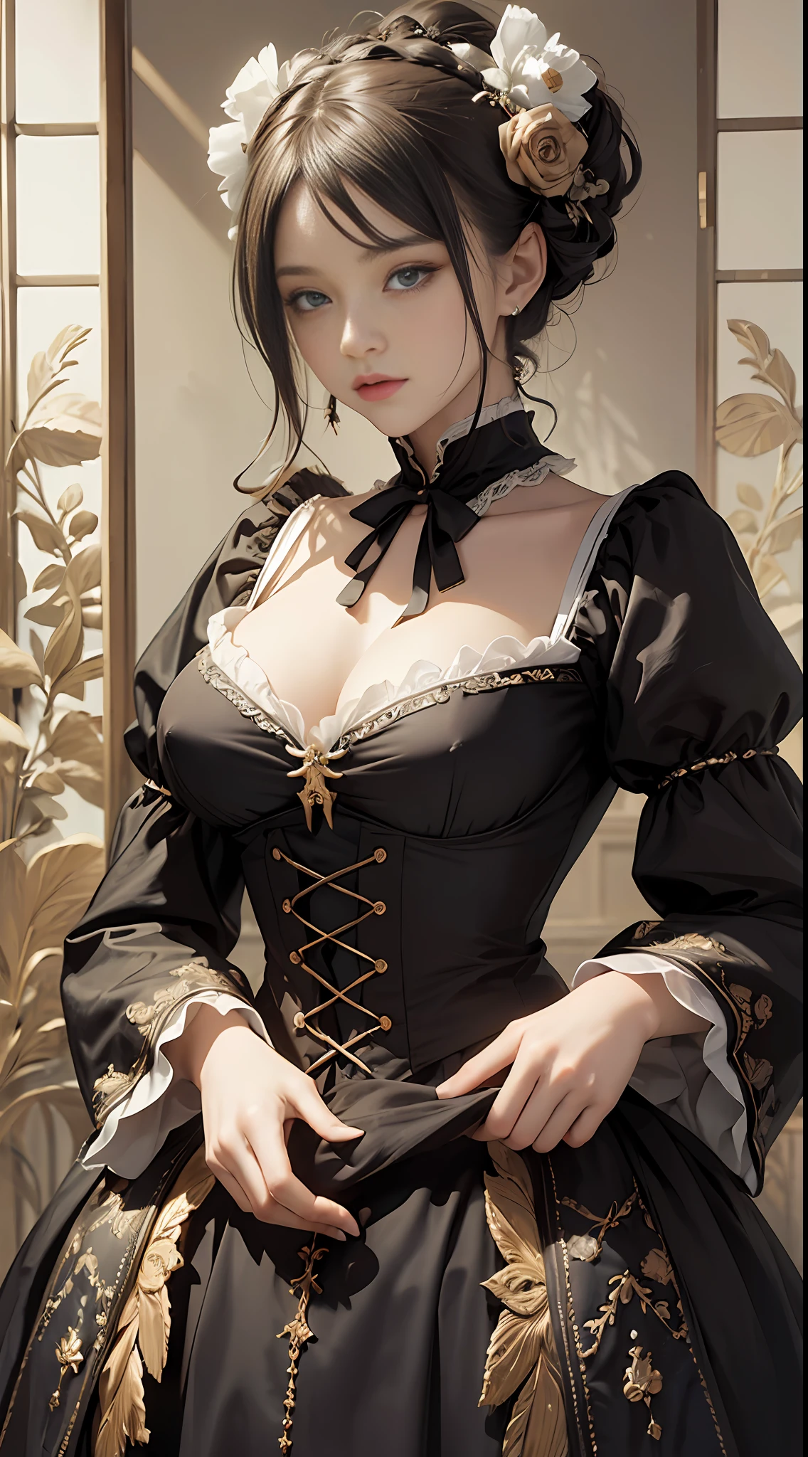 (Pure Color: 0.9), (Color: 1.1), (Masterpiece: 1,2), Best Quality, Masterpiece, High Resolution, Original, Highly Detailed Wallpaper, Beauty, Victorian, Dress, Melancholy, Big Breasts, Sepia Color, 30 years old --auto --s2