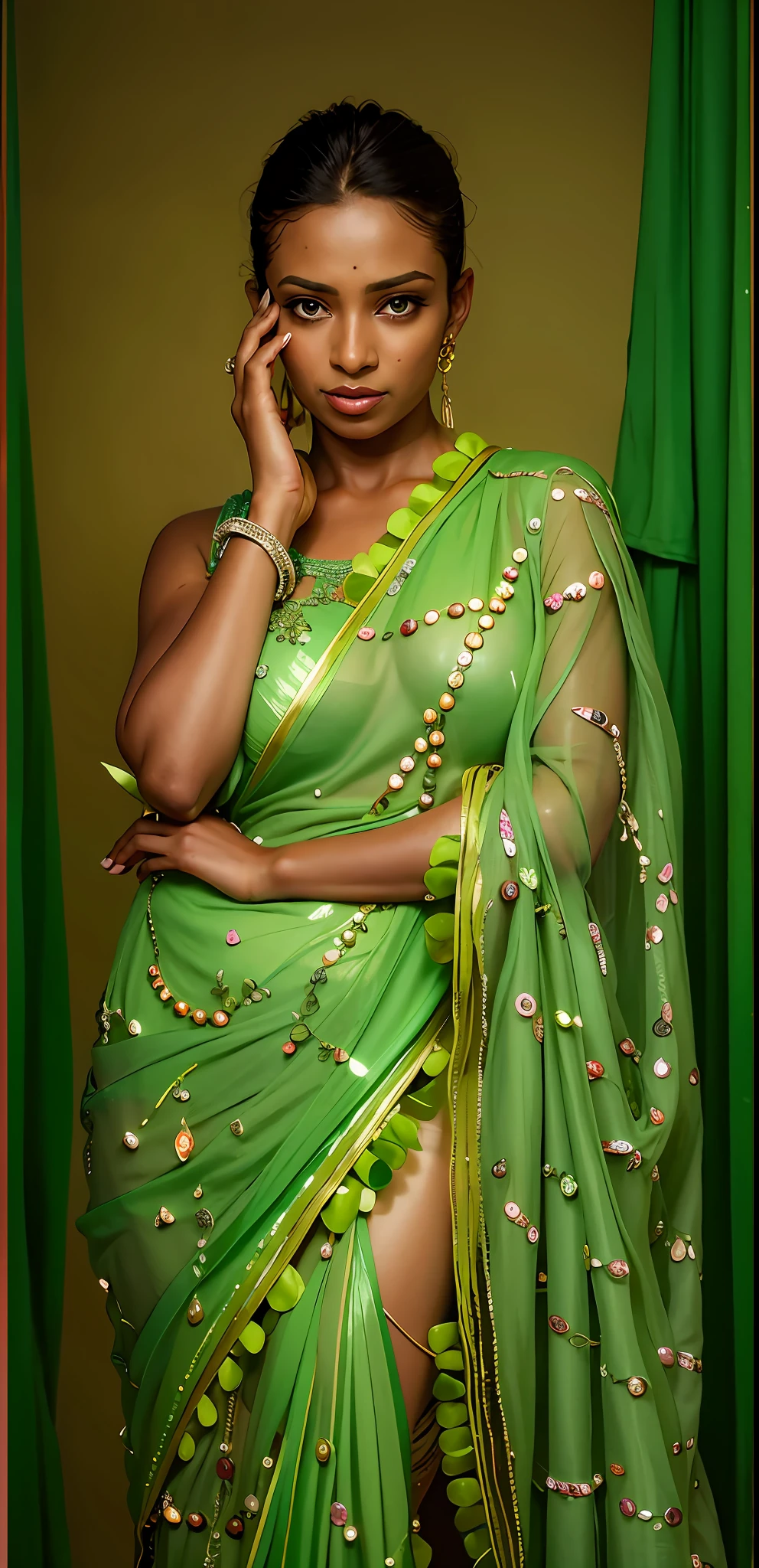 arafed woman in a green sari talking on a cell phone, dressed in a sari, draped in fleshy green and pink, pastel green, very beautiful enga style, draped in crystals, with a thin waist, wearing a sari, green sparkles, with fluent cloths, green clothes, with sparkling gems on top, green colored skin!!, with lovely look