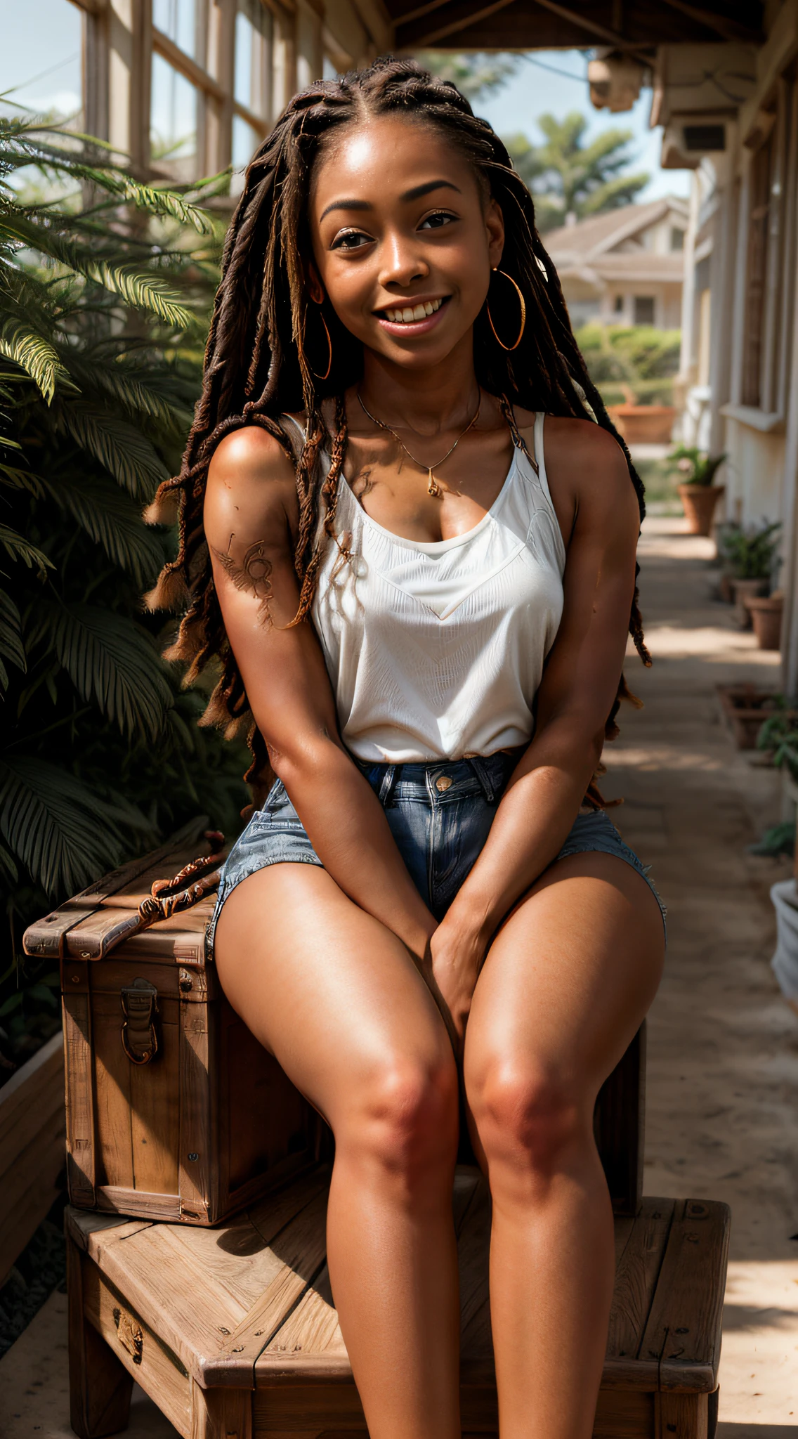 Masterpiece, RAW photography, dark skinned woman (laughing:0.8), sitting down, knees up, elbows bent, lit by sunlight, sleeveless shirt, long shorts, lens flare, DOF, blurry background, freckled skin, detailed skin, detailed face, box braids hairstyle