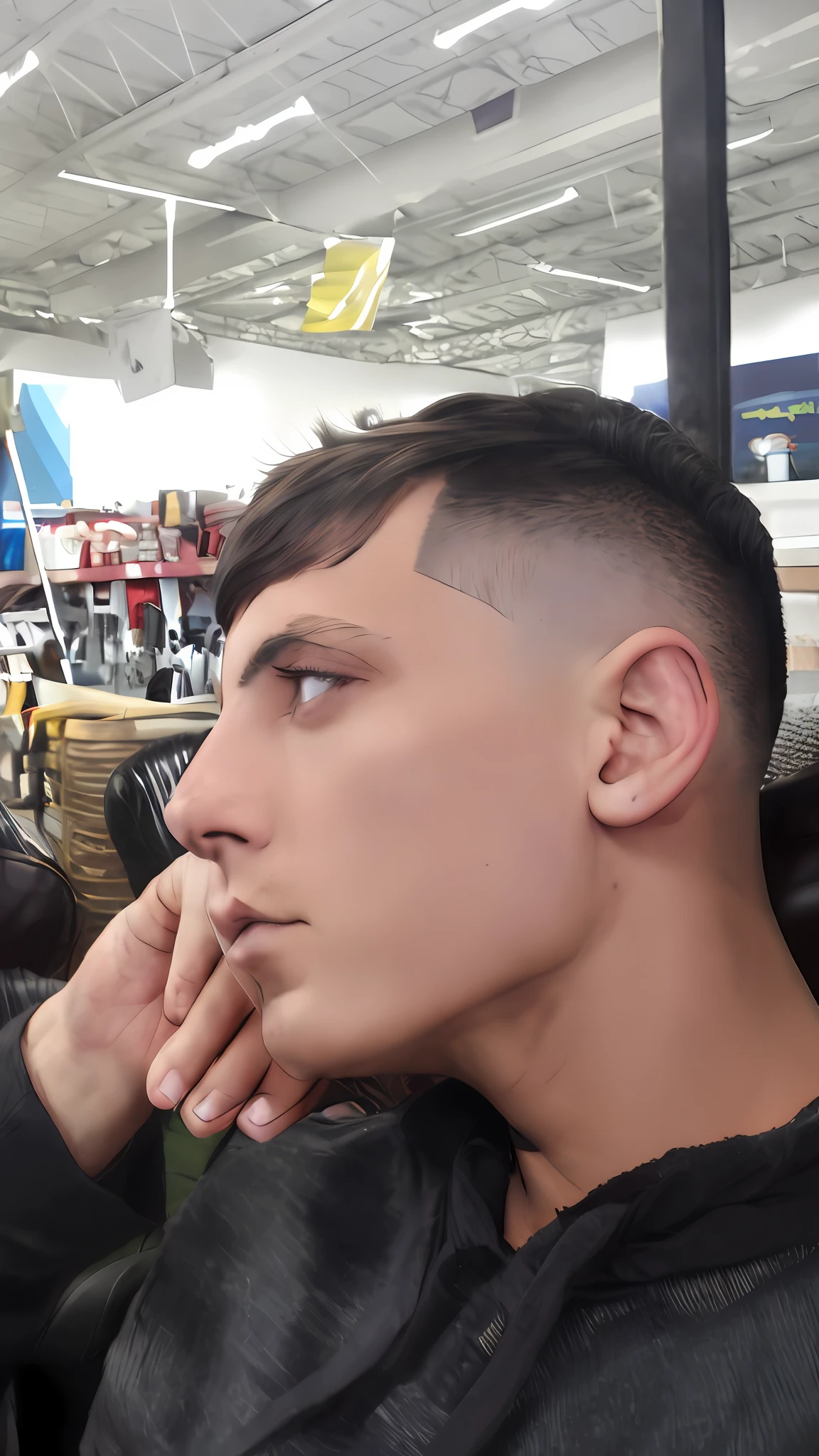 there is a man sitting in a chair with a haircut, short hair on top of his head, full head and shoulders, shaved sides, side of head, very faded, one side haircut, shaved haircut, short hair on sides of head, faded outline, looking away from camera, modern haircut, half shaved haircut, looking from side, looking to the side off camera